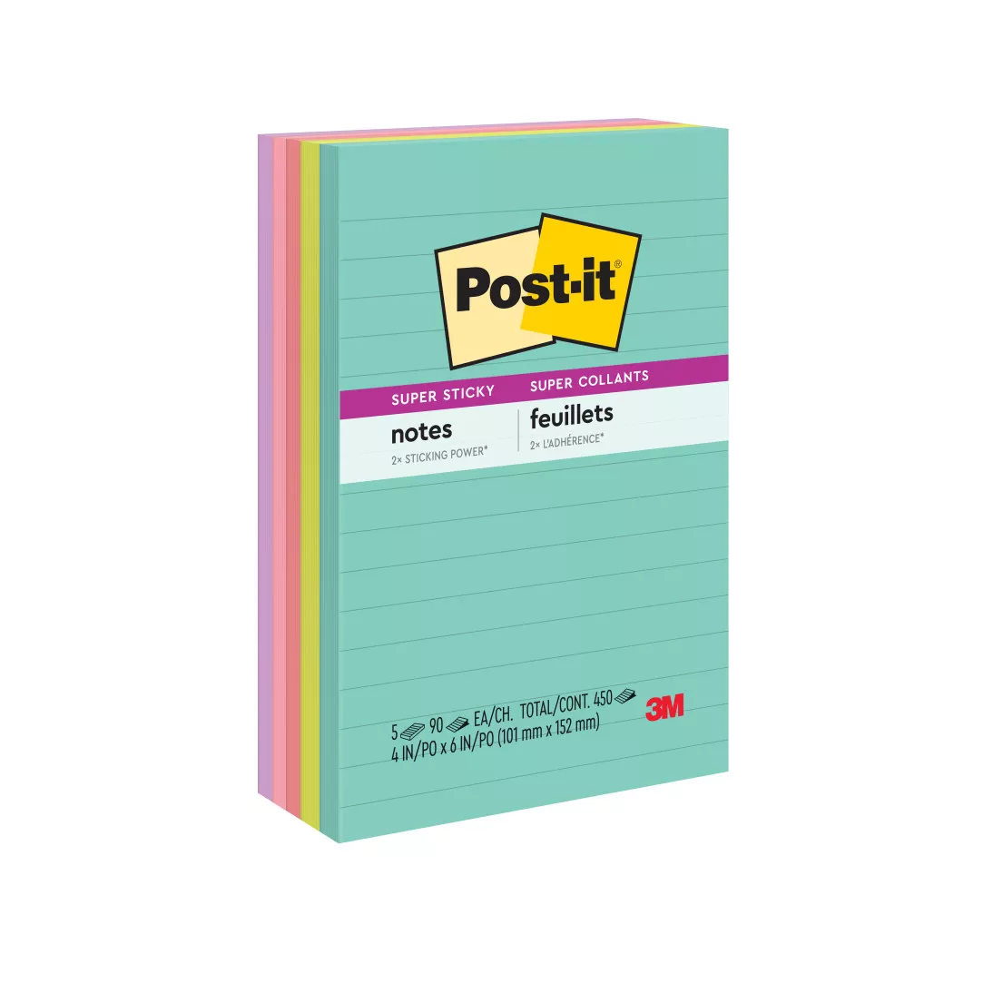 Post-it® Super Sticky Notes 660-5SSMIA, 4 in x 6 in (101 mm x 152 mm),
Miami Collection, 8 Pads/Pack, 90 Sheets/Pad, Lined