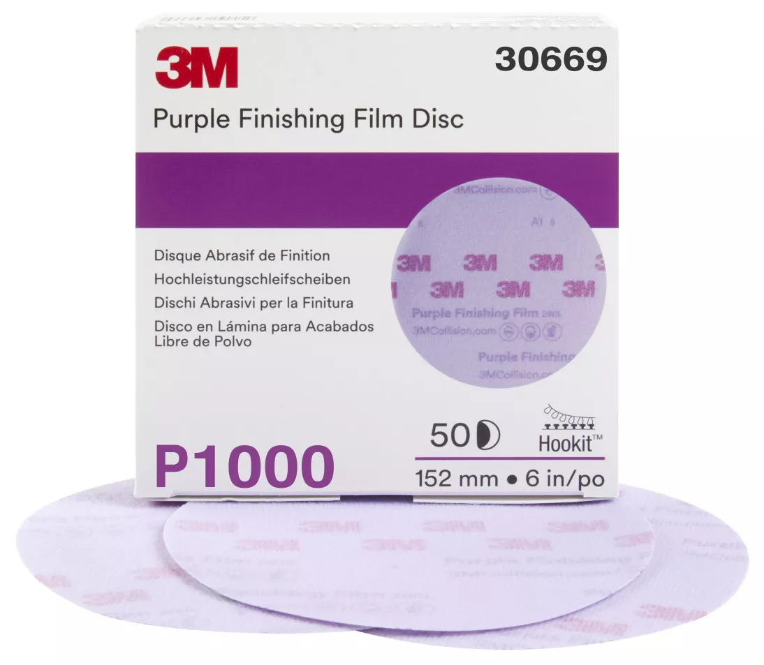 3M™ Hookit™ Purple Finishing Film Abrasive Disc 260L, 30669, 6 in,
P1000, 50 discs per carton, 4 cartons per case