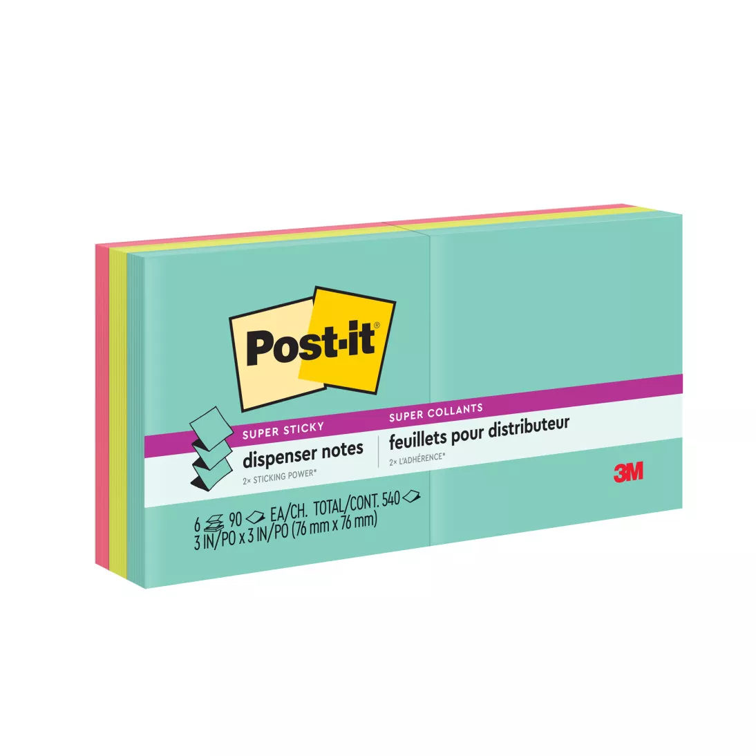 Post-it® Super Sticky Pop-up Notes R330-6SSMIA, 3 in x 3 in (76 mm x 76
mm), Miami collection, 6 Pads/Pack, 90 Sheets/Pad