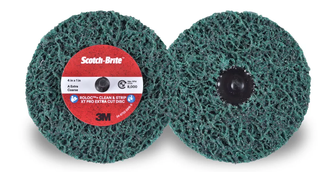 Scotch-Brite™ Roloc™+ Clean and Strip XT Pro Extra Cut Disc, XC-DR+, A/O
Extra Coarse, TR+, Green, 4 in x 1 in, 2 Ply, 10 ea/Case