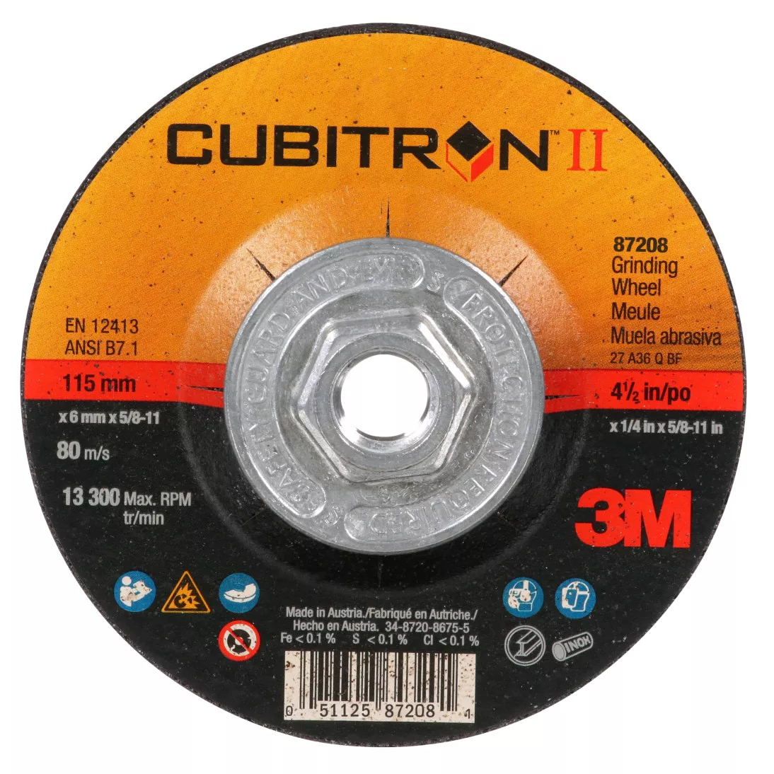 3M™ Cubitron™ II Depressed Center Grinding Wheel, 87208, Type 27 Quick
Change, 4-1/2 in x 1/4 in x 5/8 in-11, 10/case, Single Pack