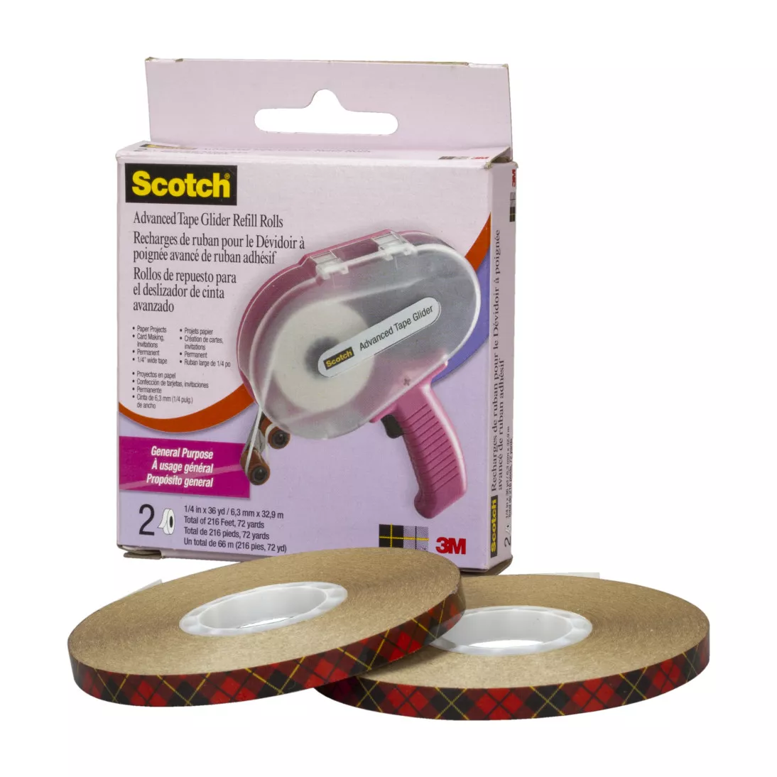 Scotch® Advanced Tape Glider, Pink Applicator with 2 rolls of 1/4 Inch tape, Cat 085, 6 Kits/Case