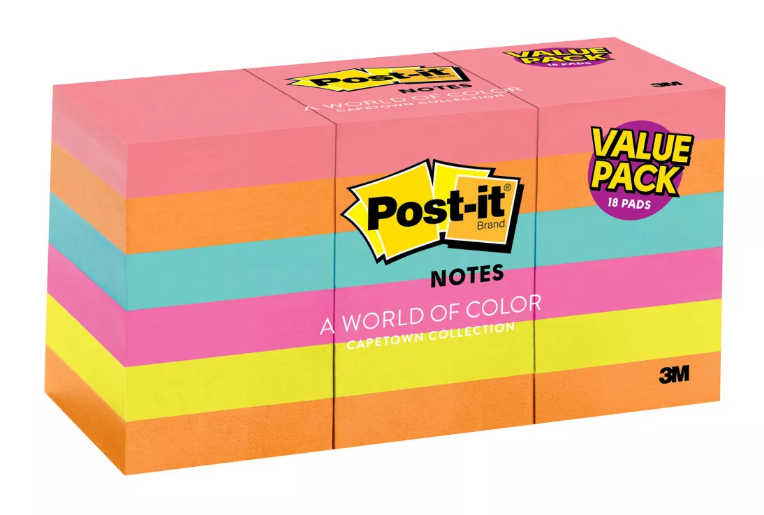 Post-it® Notes 653-18AU, 1 3/8 in x 1 7/8 in (34.9 mm x 47.6 mm) Cape Town Colors