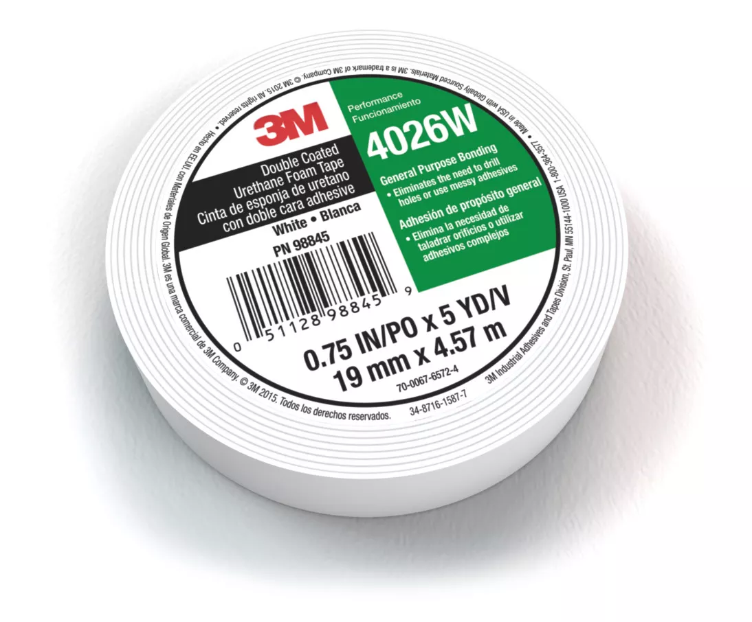 3M™ Double Coated Urethane Foam Tape 4026W, White, 3/4 in x 5 yd, 62
mil, 12 rolls per case