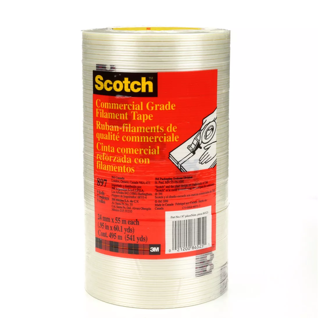 Scotch® Filament Tape 897, Clear, 24 mm x 55 m, 5 mil, 36 Rolls/Case
