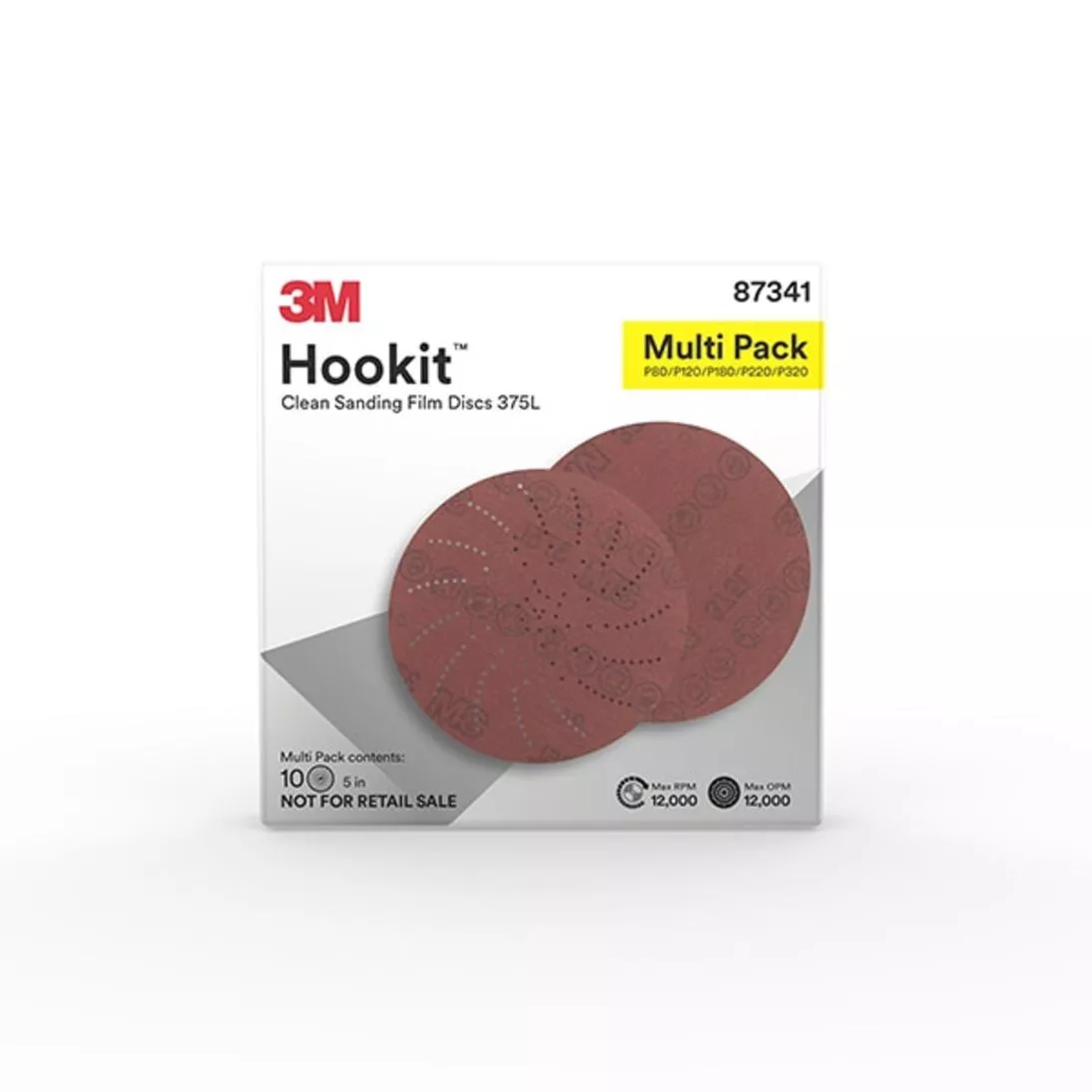 3M™ Hookit™ Film Clean Sanding Film Disc 375L, 5 x NH, P80 to P320,
Multi Pack, 10/Pack, 20 Packs/Case