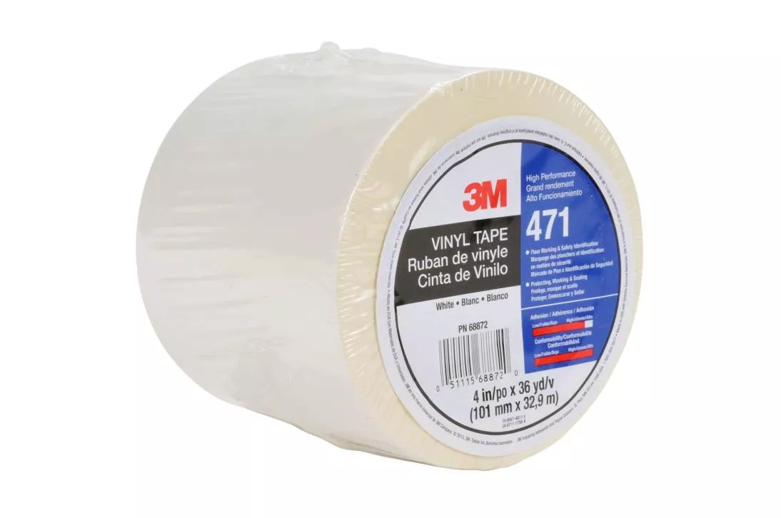 3M™ Vinyl Tape 471, White, 4 in x 36 yd, 5.2 mil, 8 rolls per case,
Individually Wrapped Conveniently Packaged
