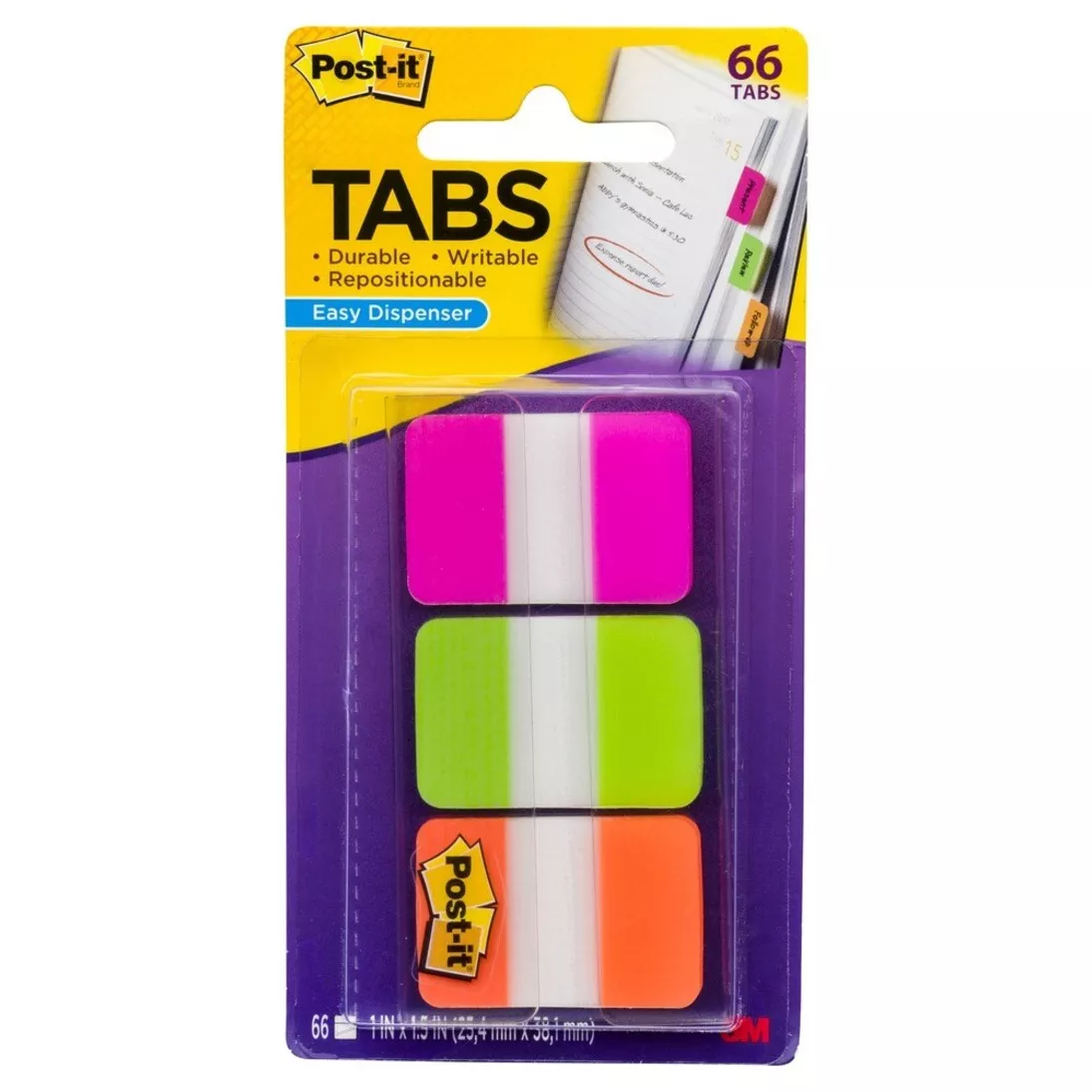 Post-it® Durable Tabs 686-PGO, 1 in. x 1.5 in. Pink, Green, Orange 24cs