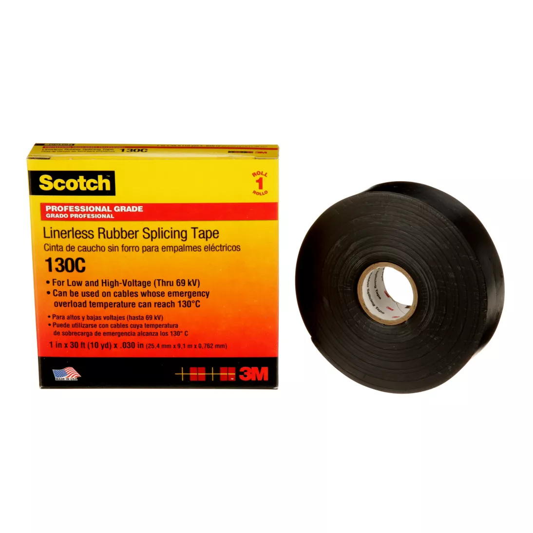 Scotch® Linerless Rubber Splicing Tape 130C, 1 in x 30 ft, Black, 1
roll/carton, 24 rolls/Case