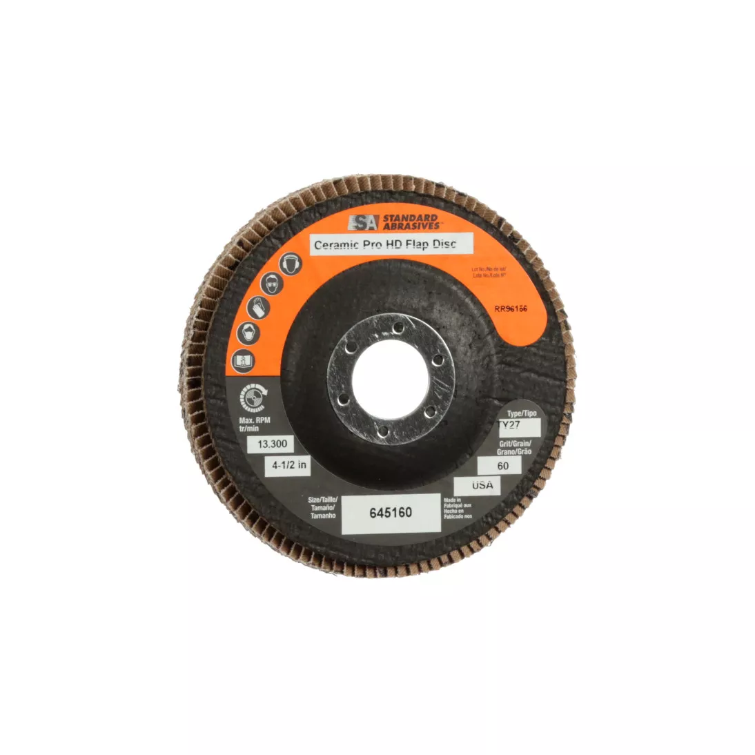 Standard Abrasives™ Ceramic Pro Type 27 High Density Flap Disc, 645160,
4 1/2 in x 7/8 60 Y-weight, 10 ea/Case