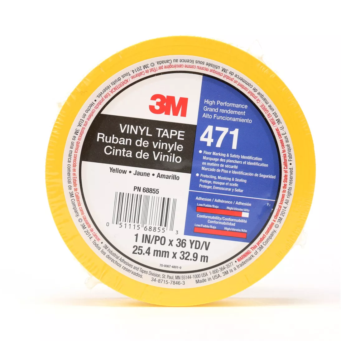 3M™ Vinyl Tape 471, Yellow, 1 in x 36 yd, 5.2 mil, 36 rolls per case,
Individually Wrapped Conveniently Packaged