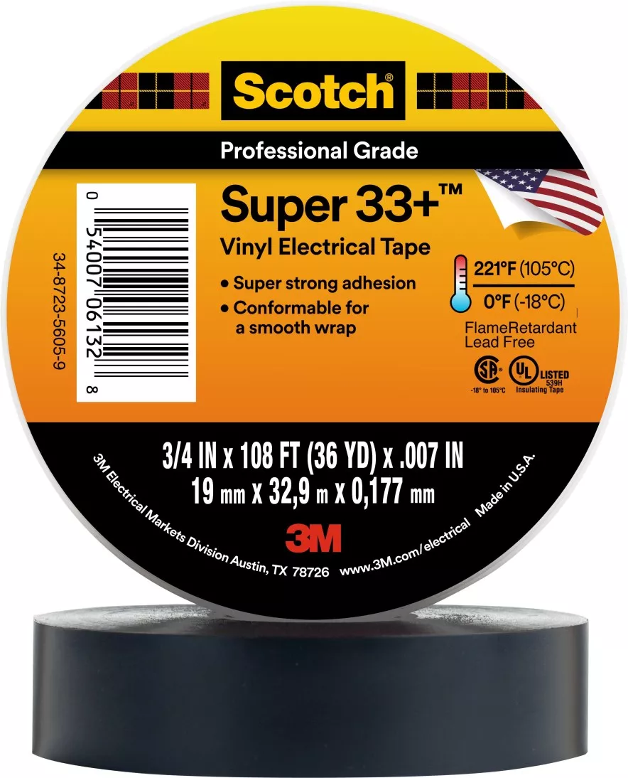 Scotch® Super 33+ Vinyl Electrical Tape, 3/4 in x 36 yd, Black, 48
rolls/Case