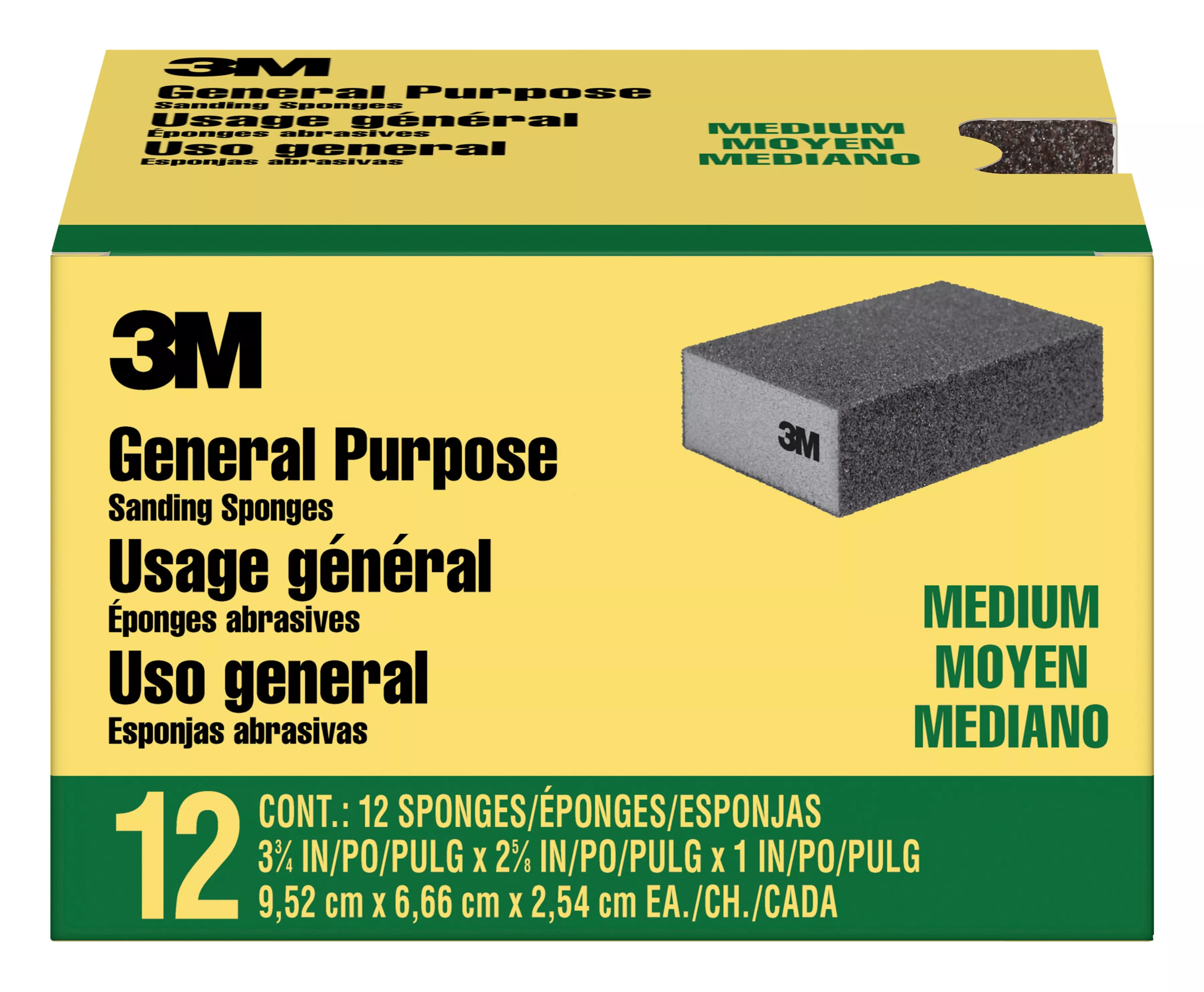 3M™ General Purpose Sanding Sponge CP002-12P, Block, 3 3/4 in x 2 5/8 in x 1 in, Medium, 12/pk, 4 pks/cs