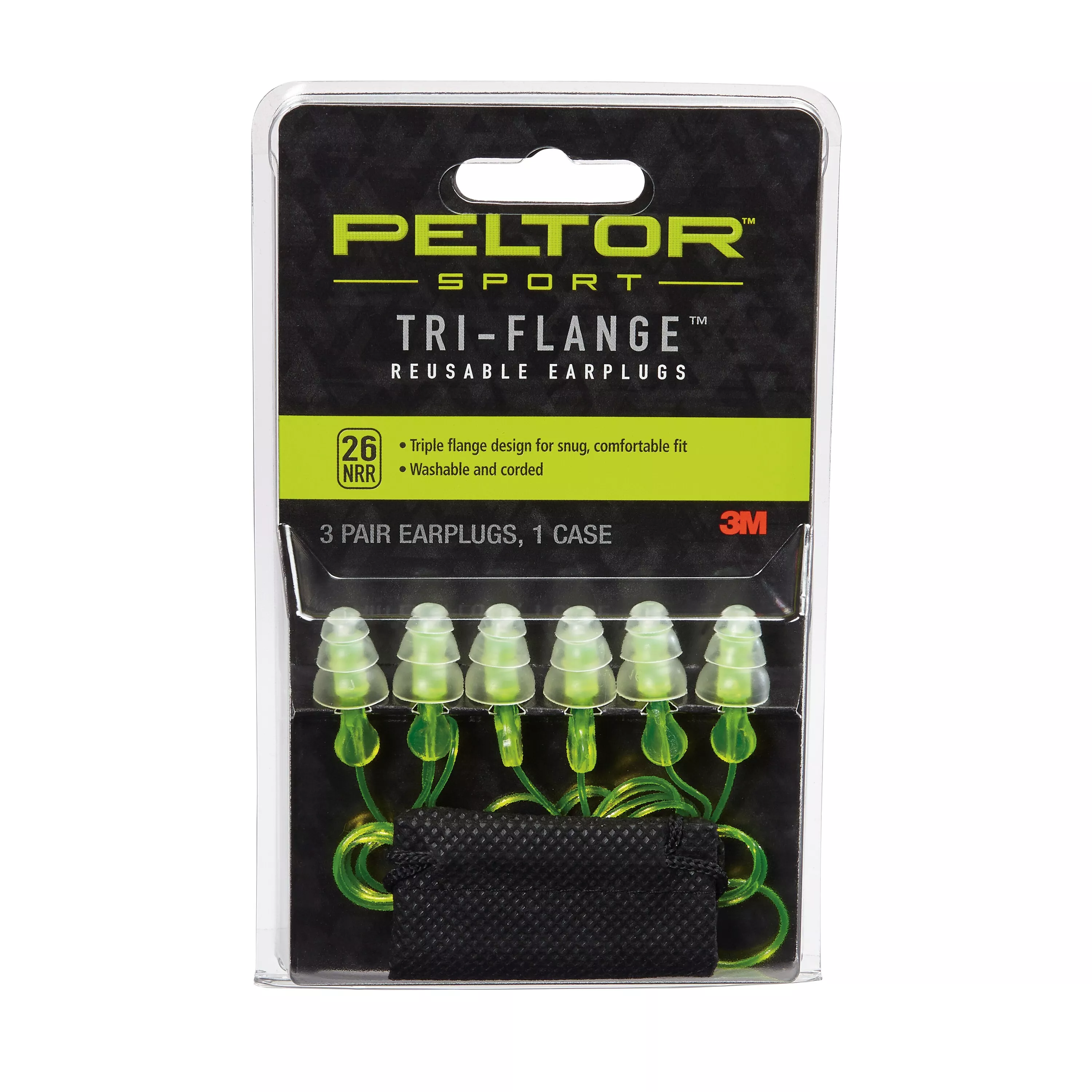 Peltor™ Sport Tri-Flange™ Corded Reusable Earplugs 97317-10DC, 3 Pair
Pack Neon Yellow