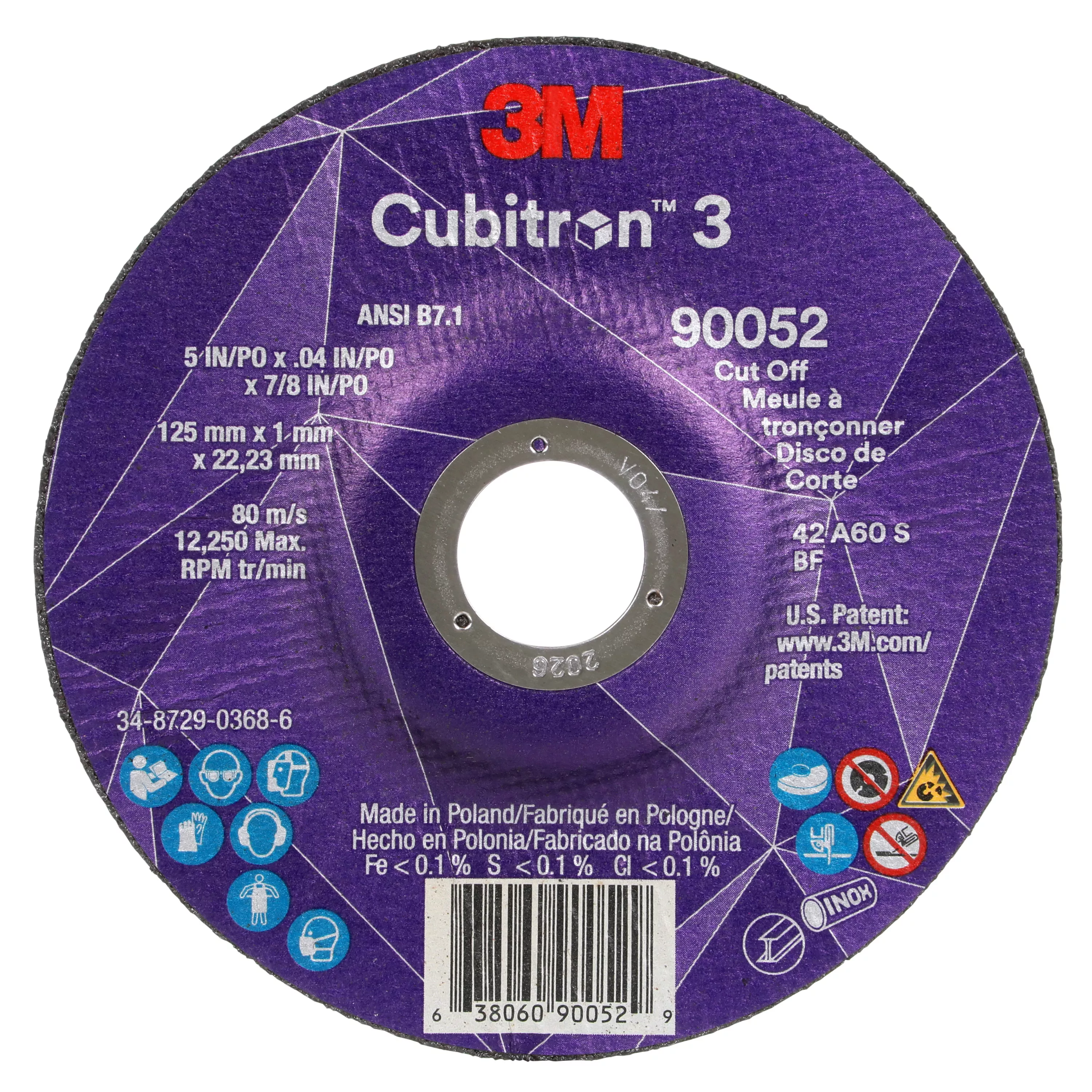 3M™ Cubitron™ 3 Cut-Off Wheel, 90052, 60+, T27, 5 in x 0.04 in x 7/8 in
(125 x 1 x 22.23 mm), ANSI, 25/Pack, 50 ea/Case