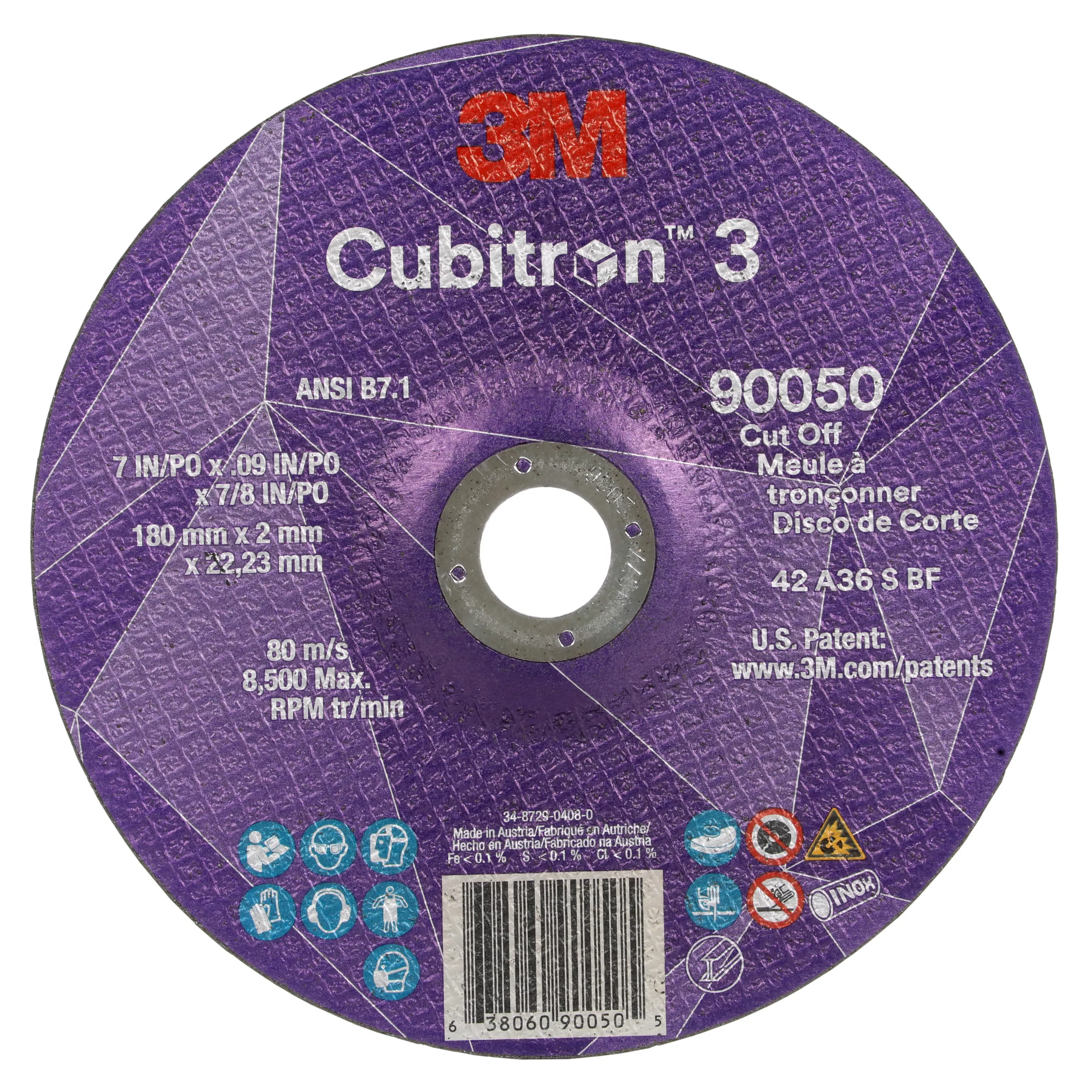 3M™ Cubitron™ 3 Cut-Off Wheel, 90050, 36+, T27, 7 in x 0.09 in x 7/8 in
(180 x 2 x 22.23 mm), ANSI, 25/Pack, 50 ea/Case