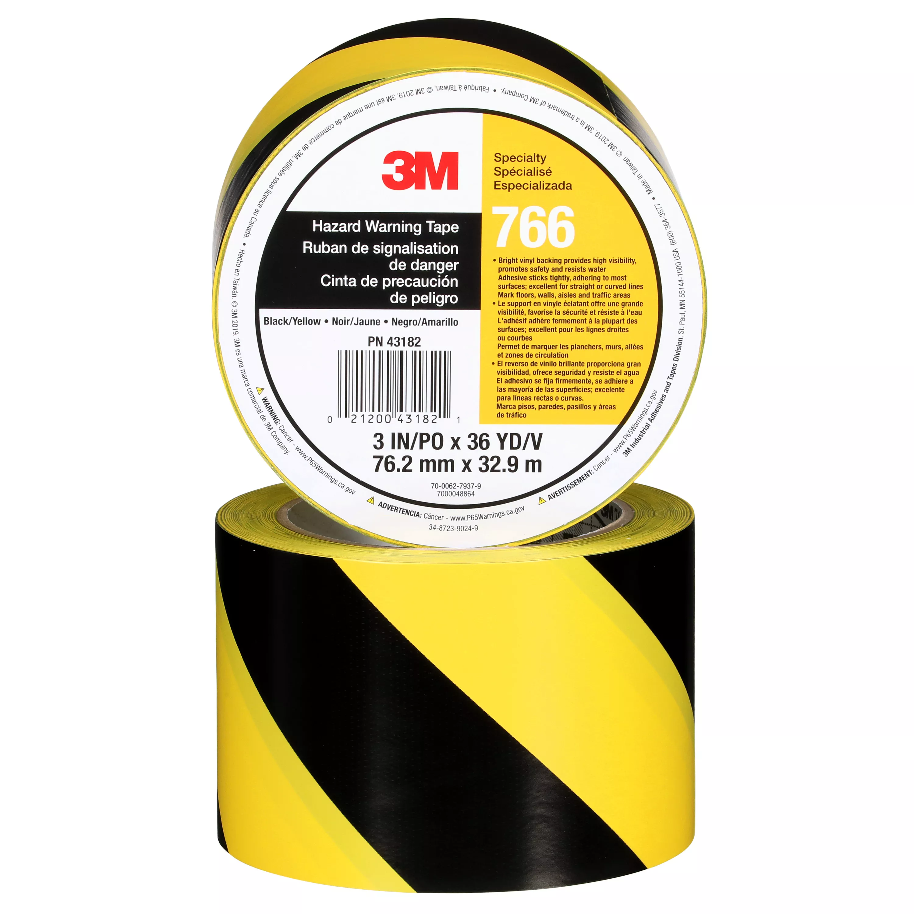 3M™ Safety Stripe Vinyl Tape 766, Black/Yellow, 3 in x 36 yd, 5 mil, 12 Roll/Case, Individually Wrapped Conveniently Packaged