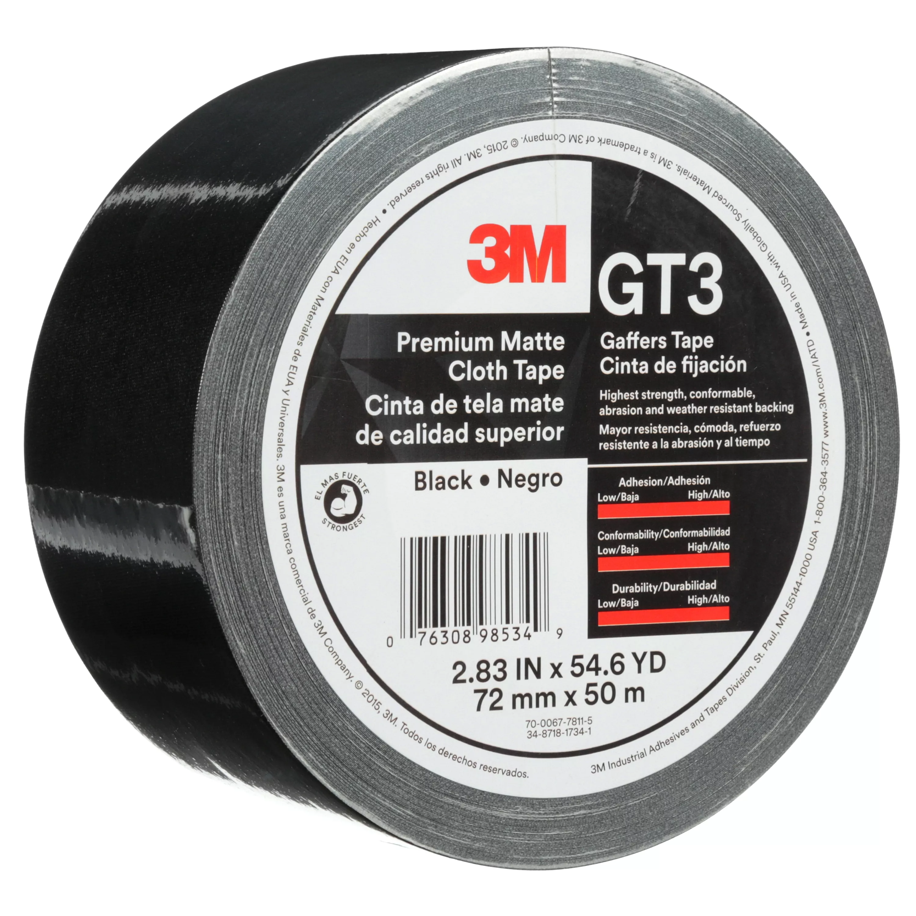 3M™ Premium Matte Cloth (Gaffers) Tape GT3, Black, 72 mm x 50 m, 11 mil,
16/Case