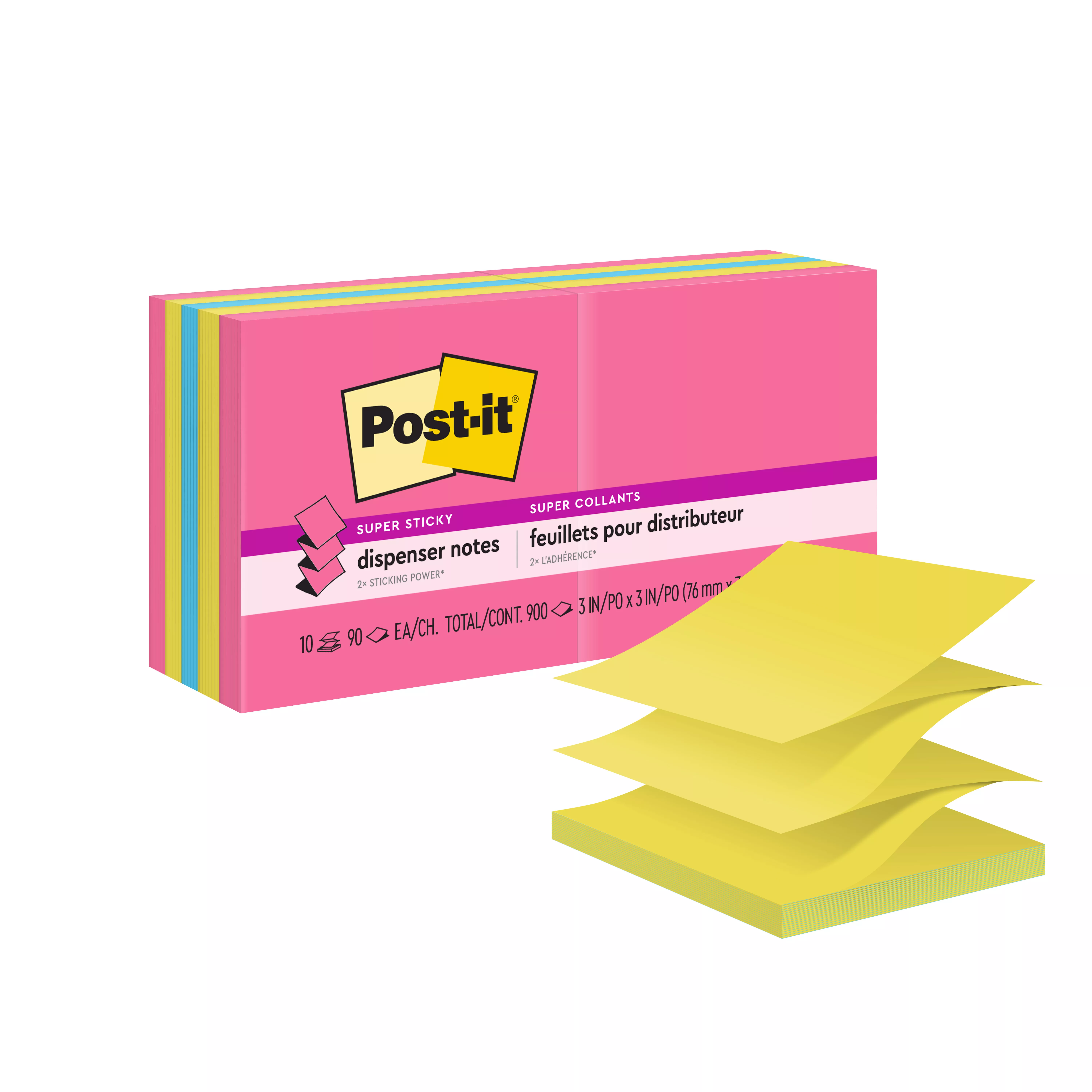 Post-it® Super Sticky Dispenser Pop-up Notes R330-10SSPGO, 3 in x 3 in (76 mm x 76 mm), Assorted Colors