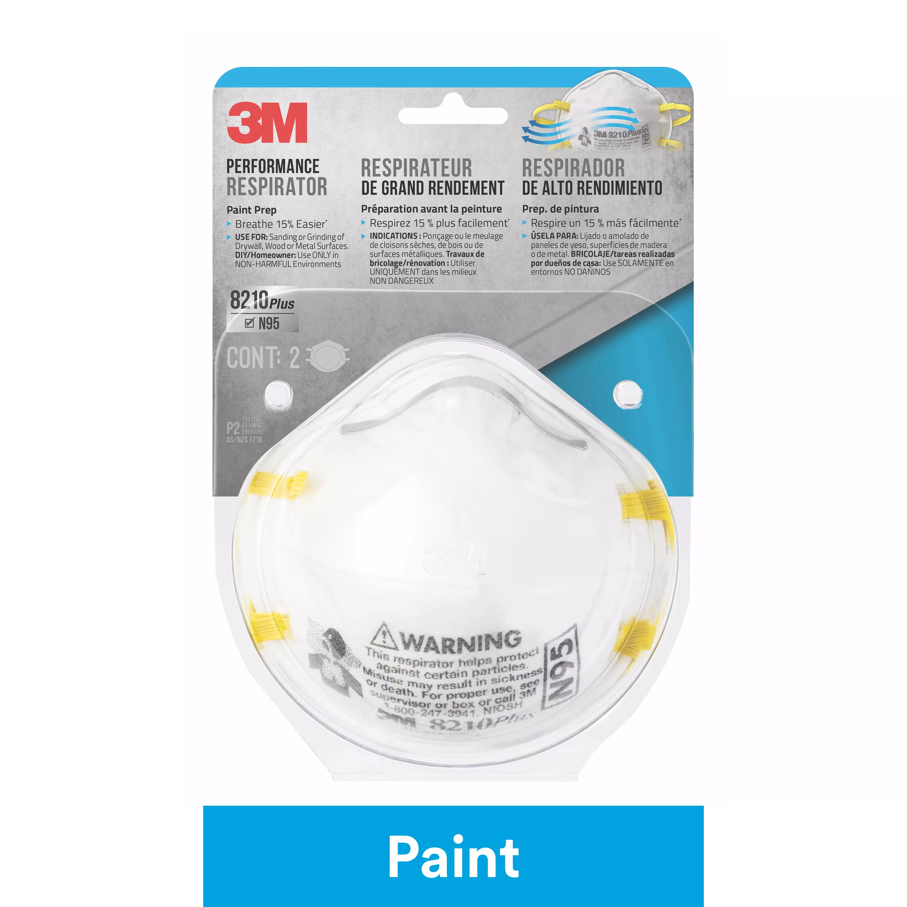 3M™ Performance Paint Prep Respirator N95 Particulate, 8210PP2-DC, 2
eaches/pack, 12 packs/case