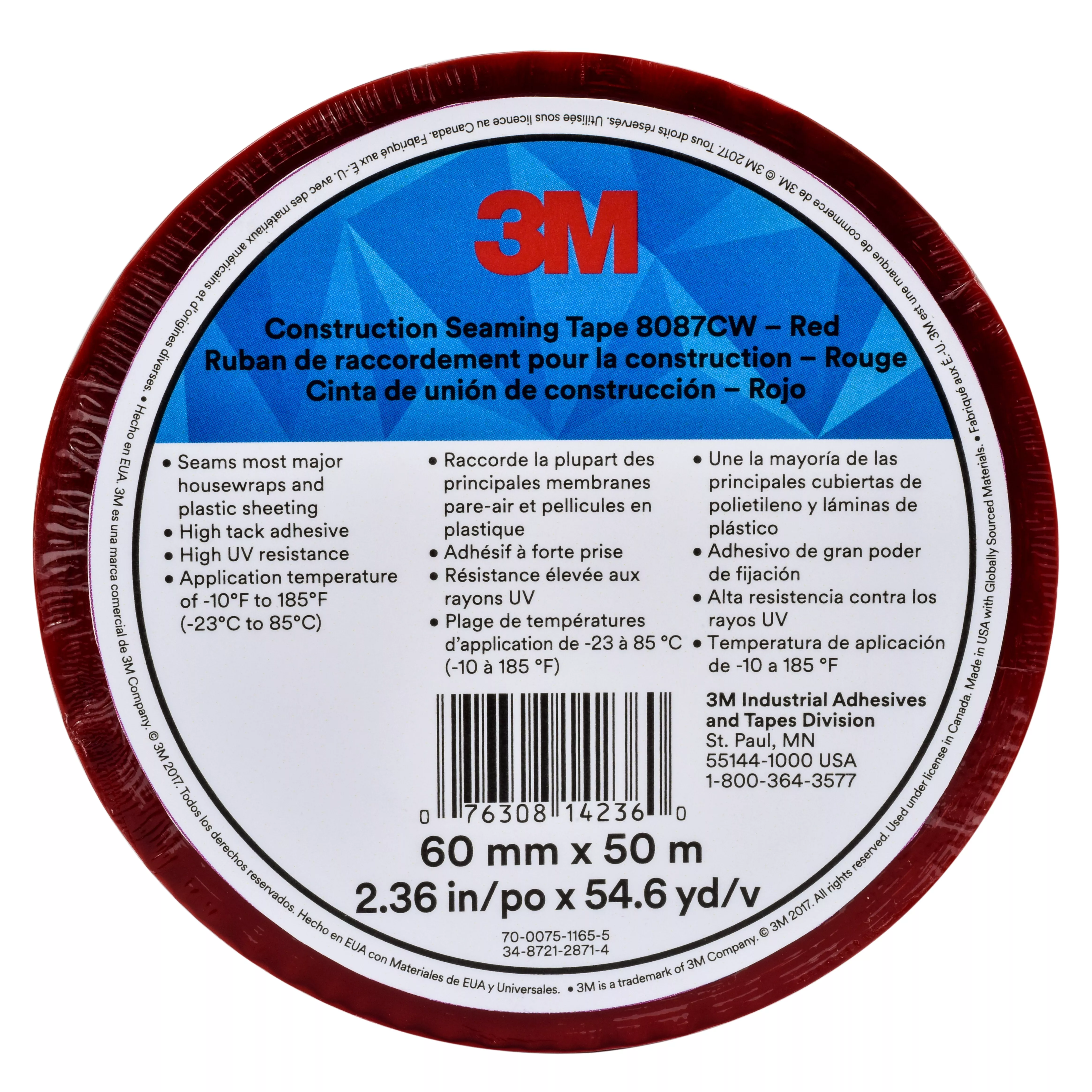 3M™ Construction Seaming Tape 8087CW, Red, 60 mm x 50 m, 20 Roll/Case