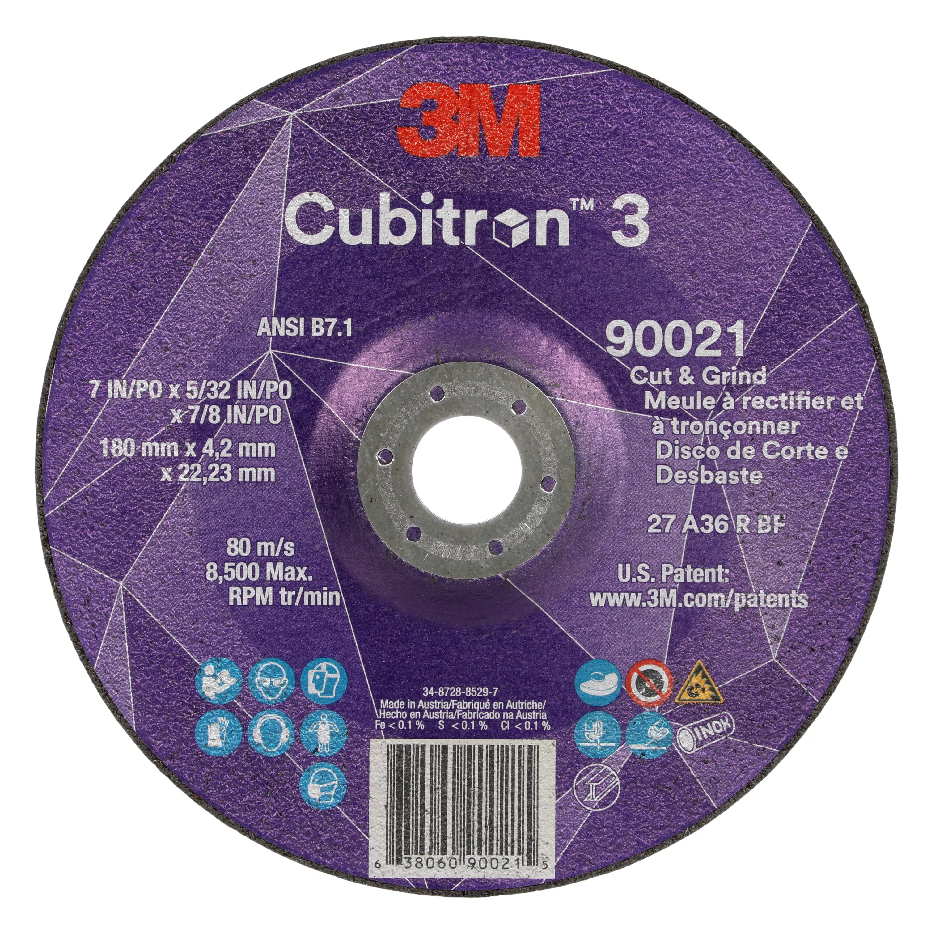 3M™ Cubitron™ 3 Cut and Grind Wheel, 90021, 36+, T27, 7 in x 5/32 in x
7/8 in (180 x 4.2 x 22.23 mm), ANSI, 10/Pack, 20 ea/Case