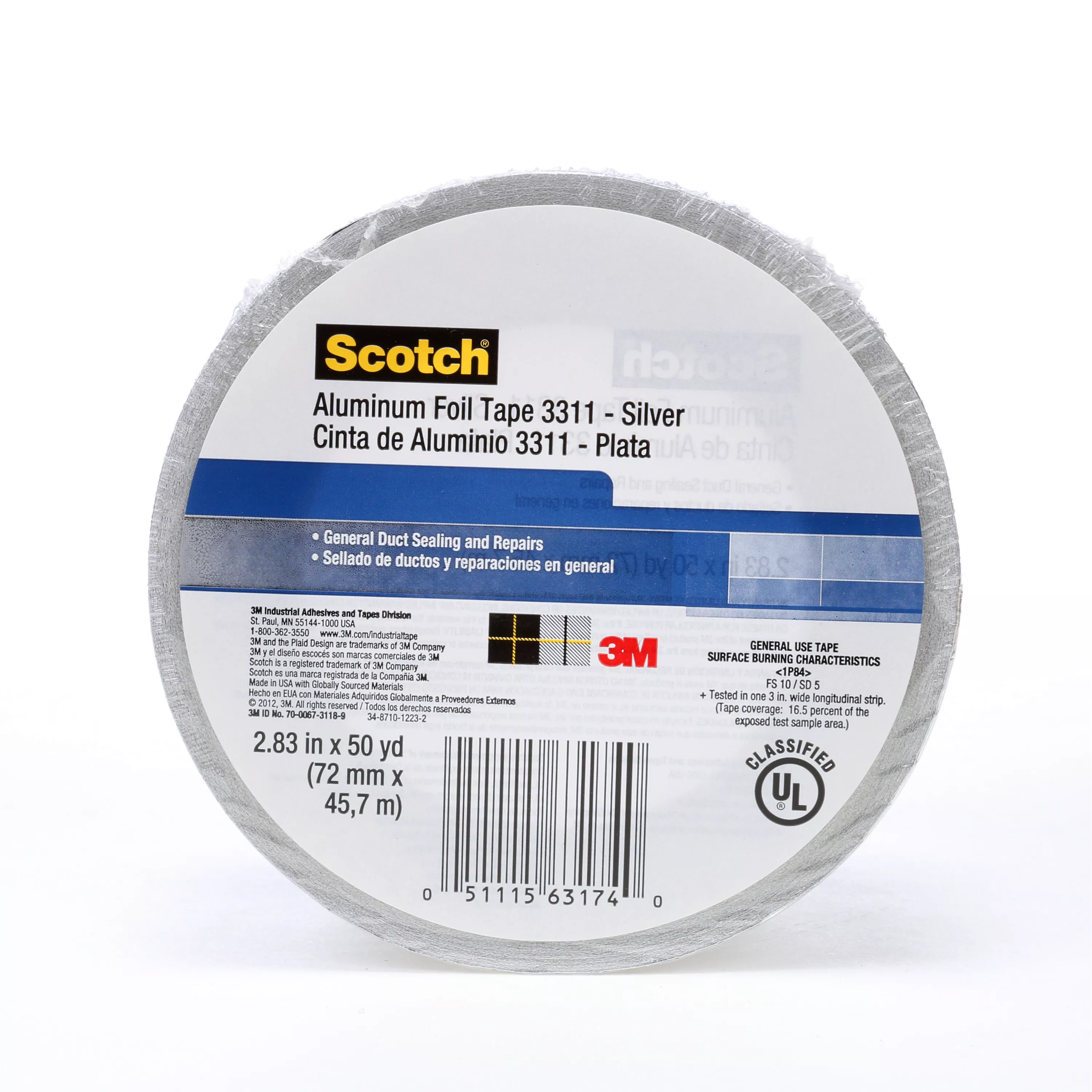Scotch® Foil Tape 3311, Silver, 2.83 in x 50 yd, 3.6 mil, 6 Rolls/Case