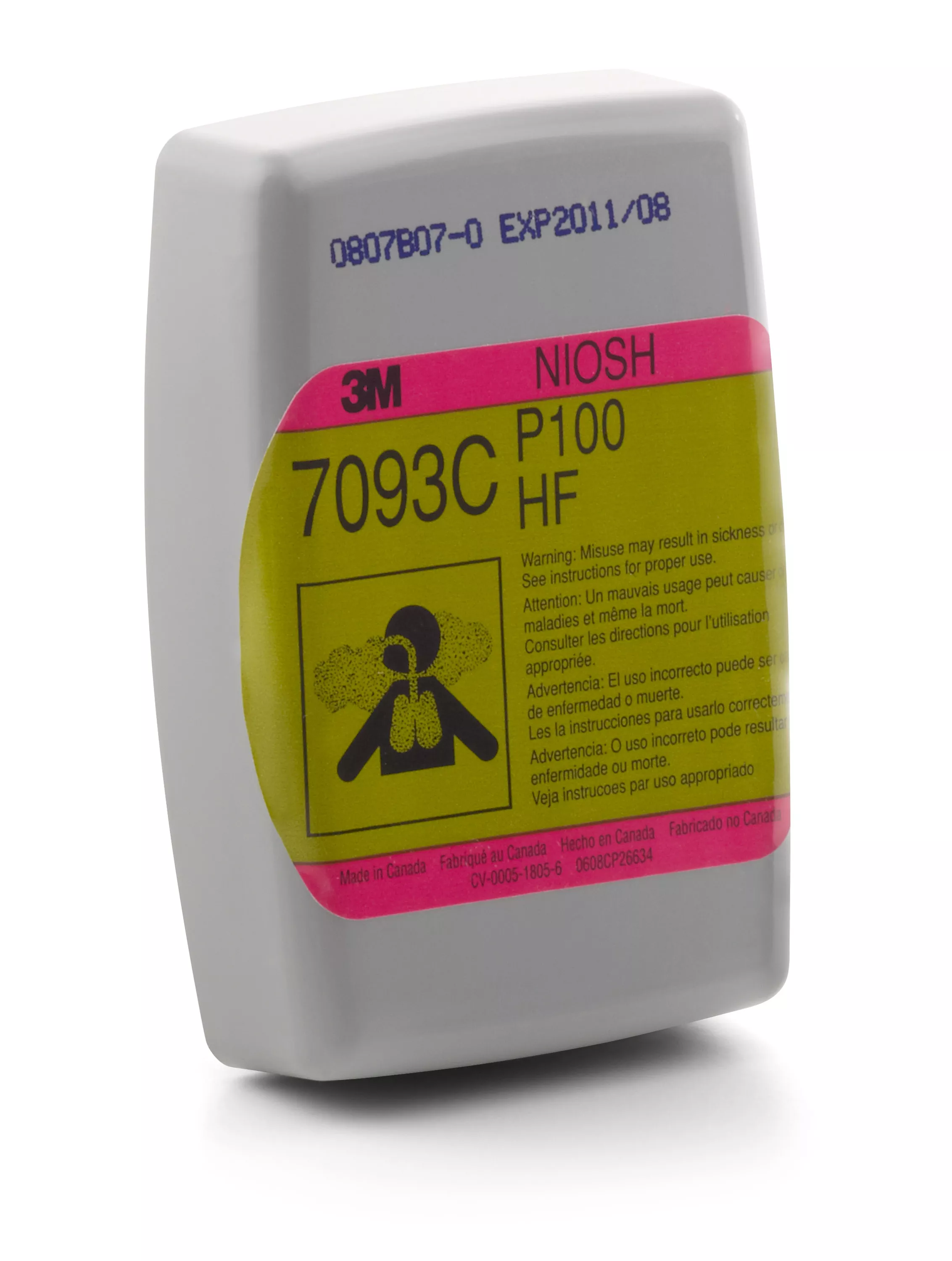 3M™ Hydrogen Fluoride Cartridge/Filter 7093C, P100, with Nuisance Level
Organic Vapor and Acid Gas Relief, 60 EA/Case