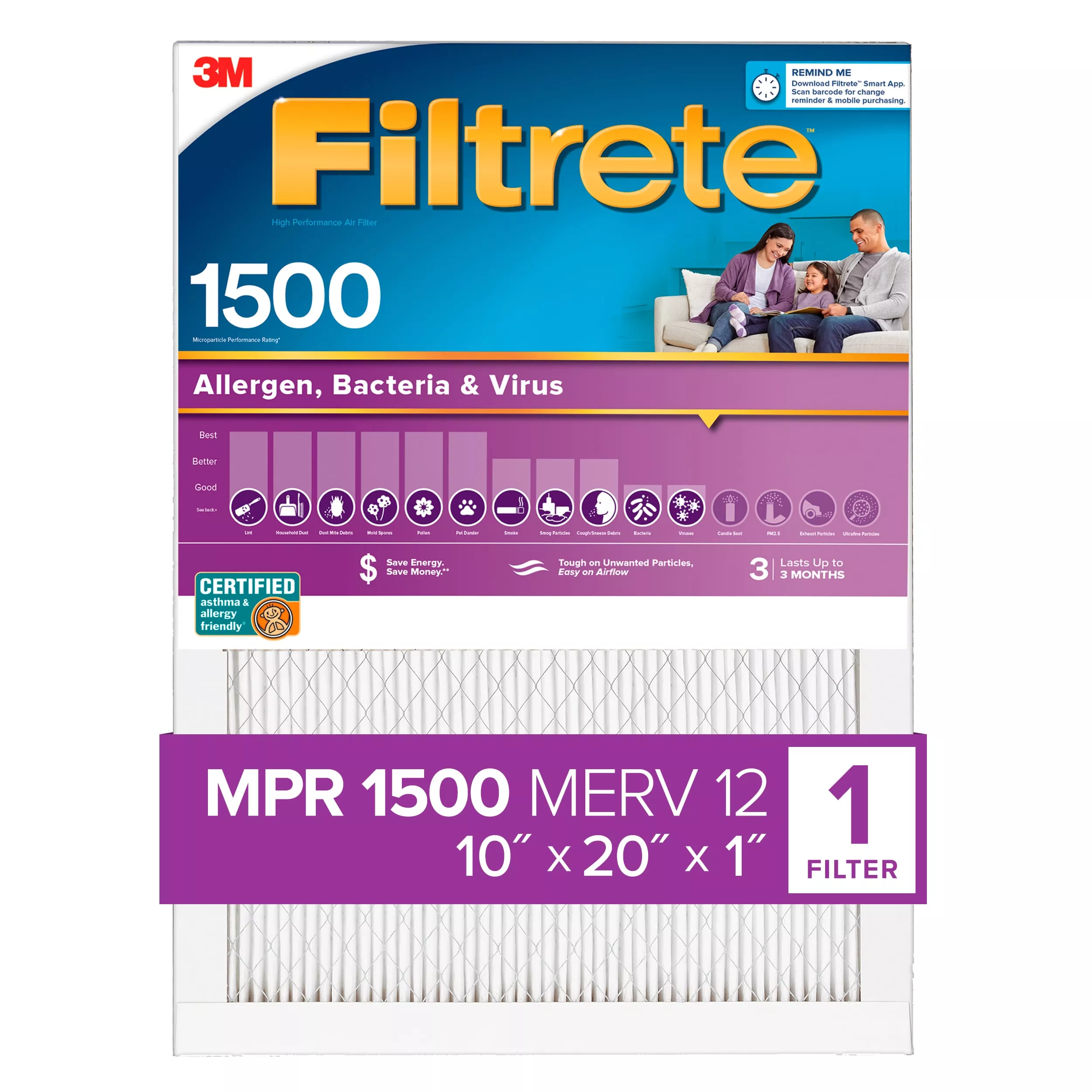 Filtrete™ High Performance Air Filter 1500 MPR 2007DC-4, 10 in x 20 in x 1 in (25.4 cm x 50.8 cm x 2.5 cm)