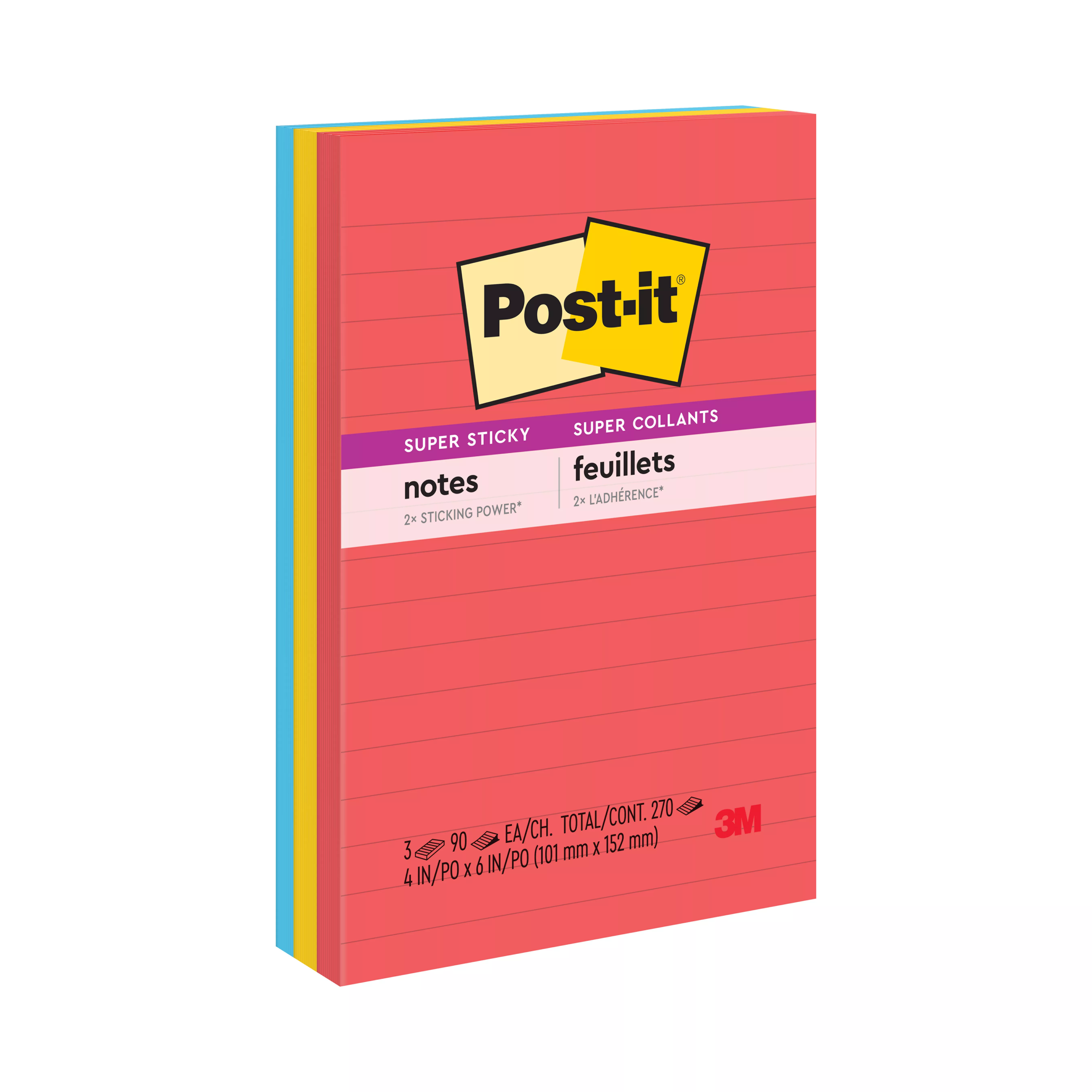 Post-it® Super Sticky Notes 660-3SSAN, 4 in x 6 in (101 mm x 152 mm), Playful Primaries Collection, Lined, 3 Pads/Pack
