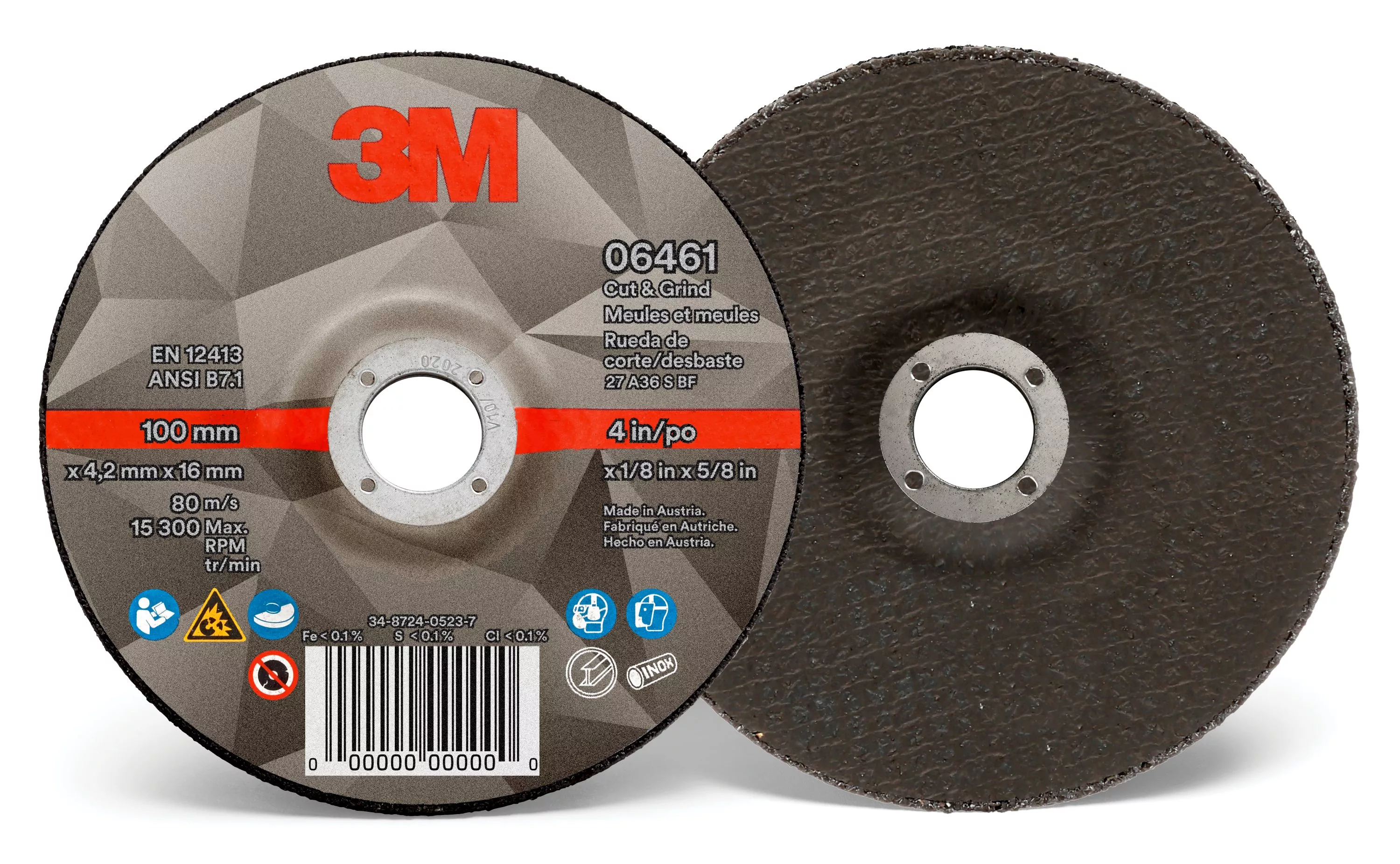 3M™ Cut & Grind Wheel, 06461, Type 27, 4 in x 1/8 in x 5/8 in, 10/Pac,
20 ea/Case