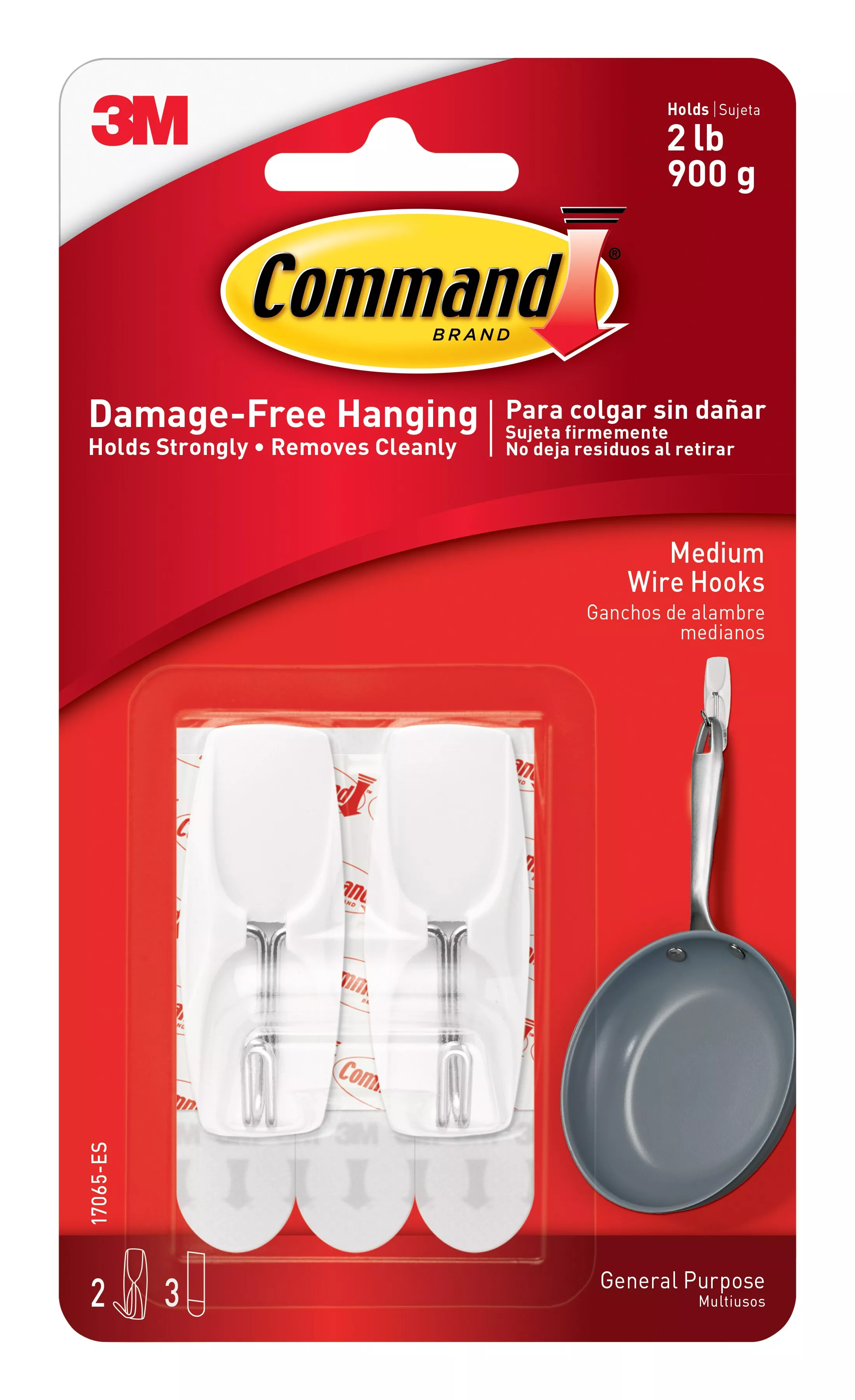 Command™ Medium Wire Hook 17065UKN, 2 Hooks, 3 Strips, 4 Assortment/Bag, 6 Bag/Case