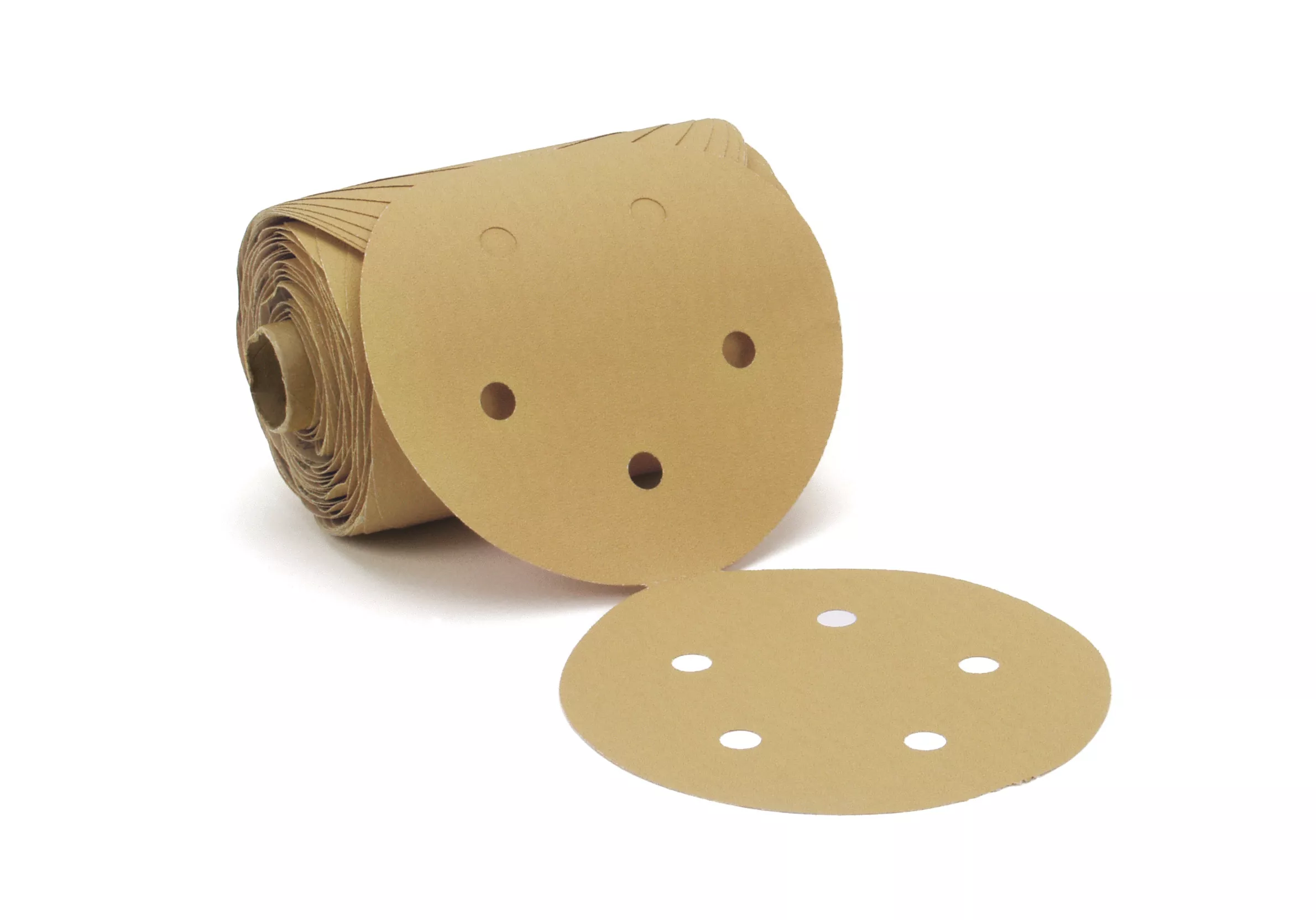 3M™ Stikit™ Gold Paper Disc Roll 216U, 01626, P120 A-weight, 5 in x NH,
D/F 5HL, Die 500FH, 125 Discs/Roll, 10 Rolls/Case