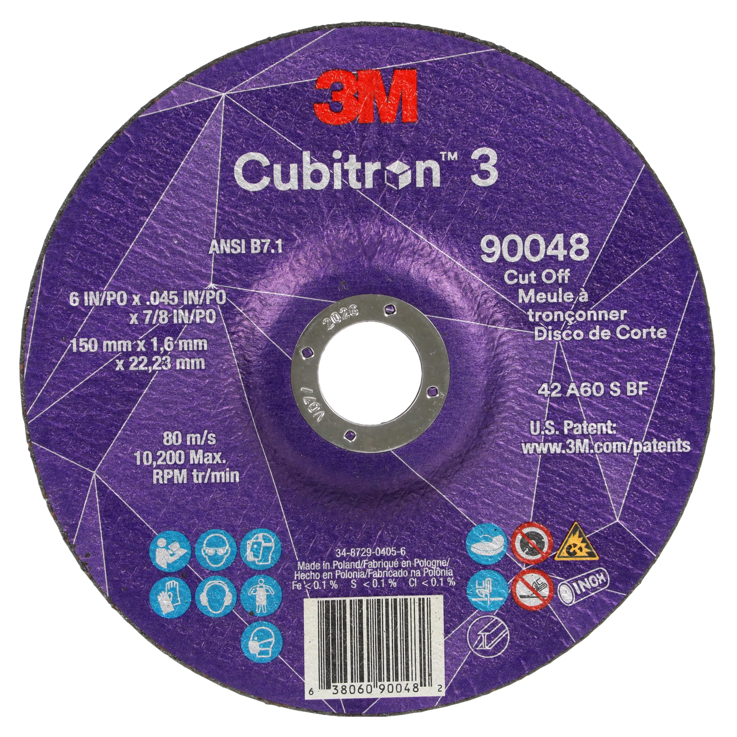3M™ Cubitron™ 3 Cut-Off Wheel, 90048, 60+, T27, 6 in x 0.045 in x 7/8 in
(150 x 1.6 x 22.23 mm), ANSI, 25/Pack, 50 ea/Case