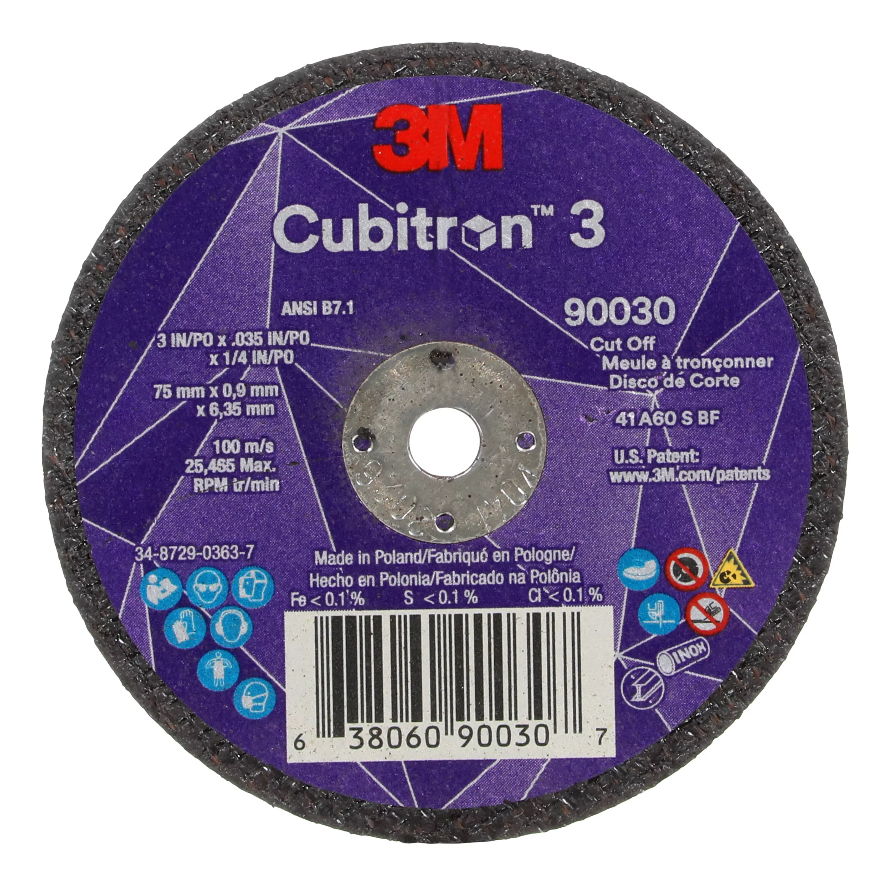 3M™ Cubitron™ 3 Cut-Off Wheel, 90030, 60+, T1, 3 in x 0.035 in x 1/4 in
(75 x 0.9 x 6.35 mm), ANSI, 25/Pack, 50 ea/Case