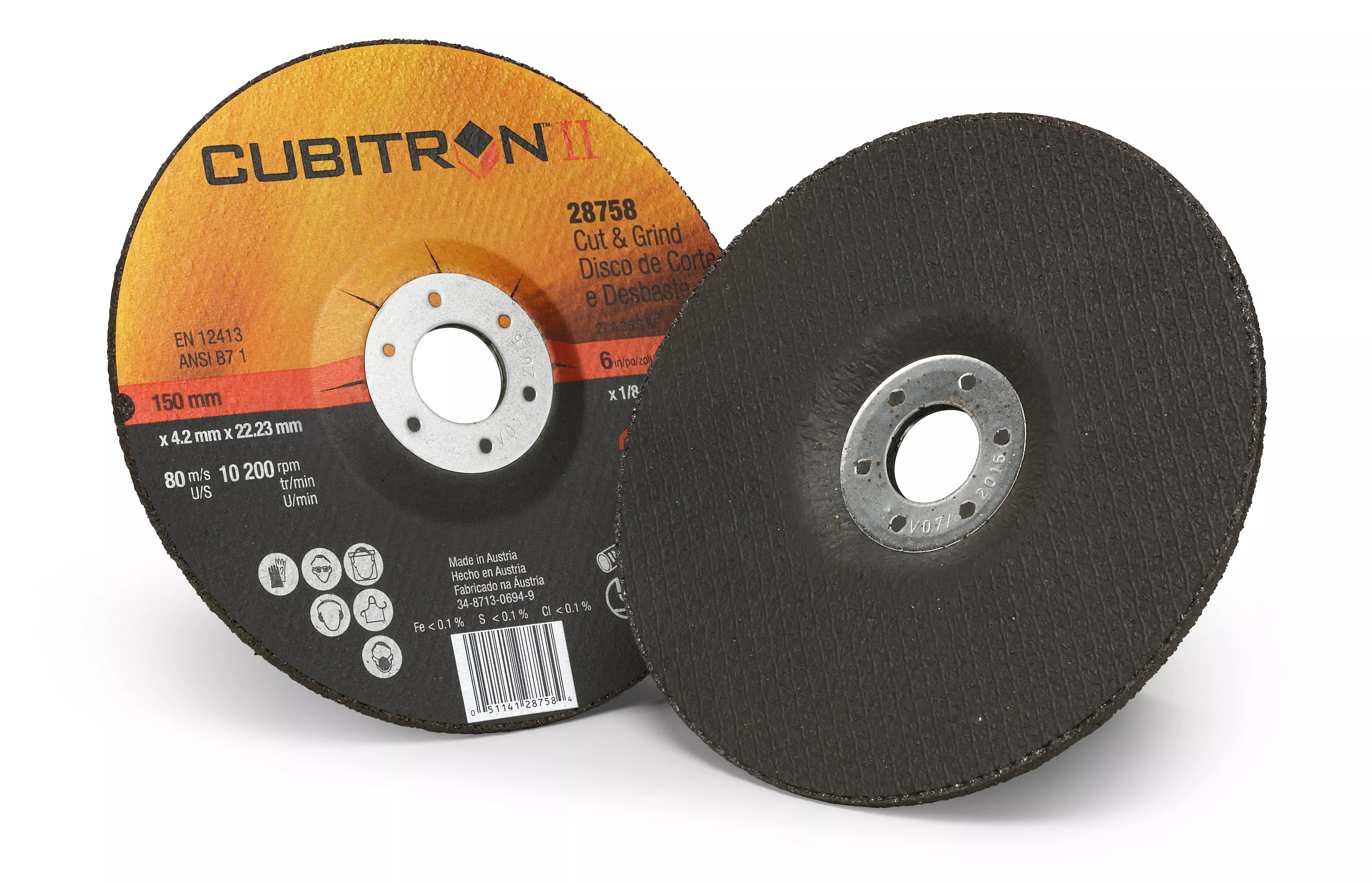 3M™ Cubitron™ II Cut and Grind Wheel, 28758, T27, 6 in x 1/8 in x 7/8
in, 10/Carton, 20 ea/Case