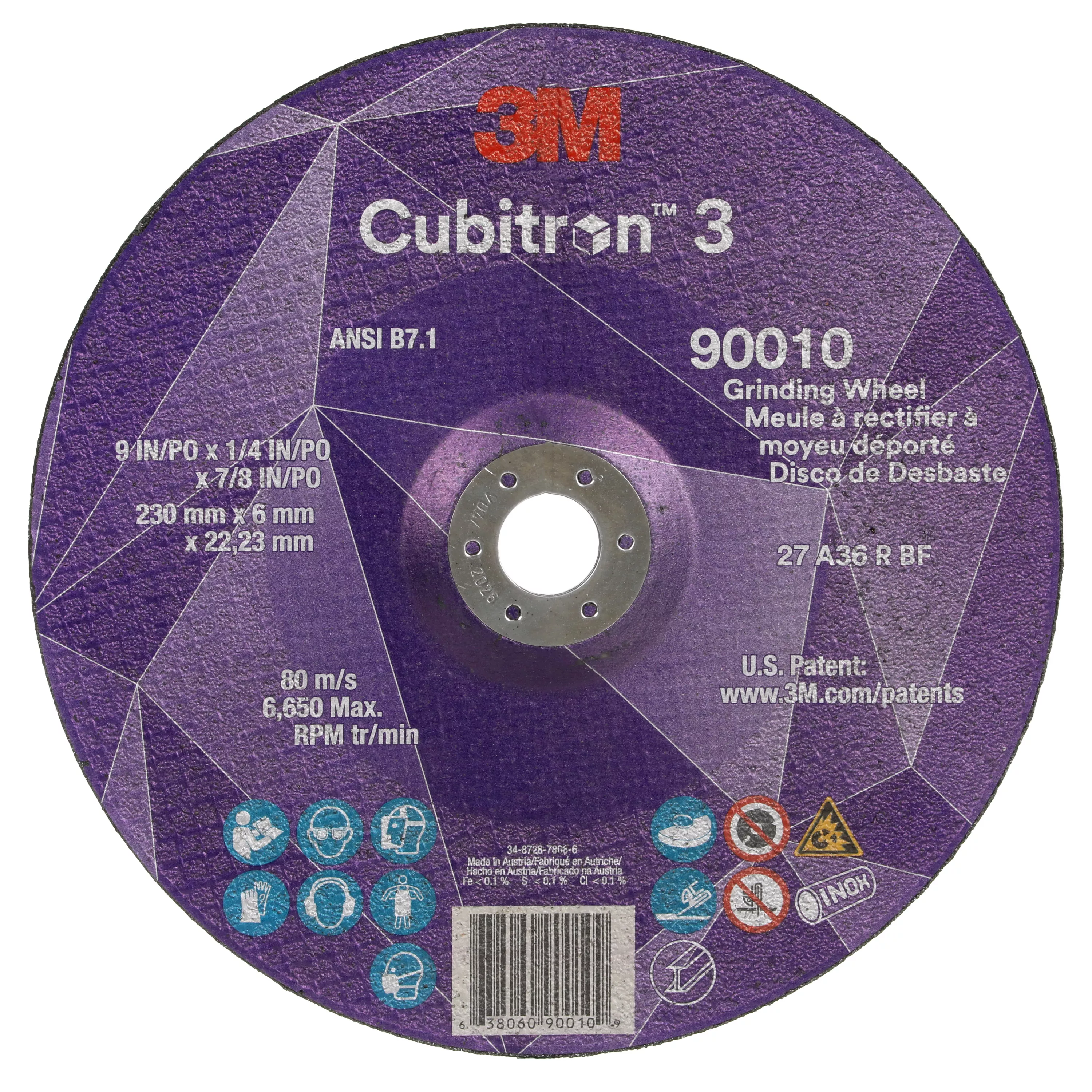 3M™ Cubitron™ 3 Depressed Center Grinding Wheel, 90010, 36+, T27, 9 in x
1/4 in x 7/8 in (230x6x22.23mm) ANSI, 10/Pack, 20 ea/Case