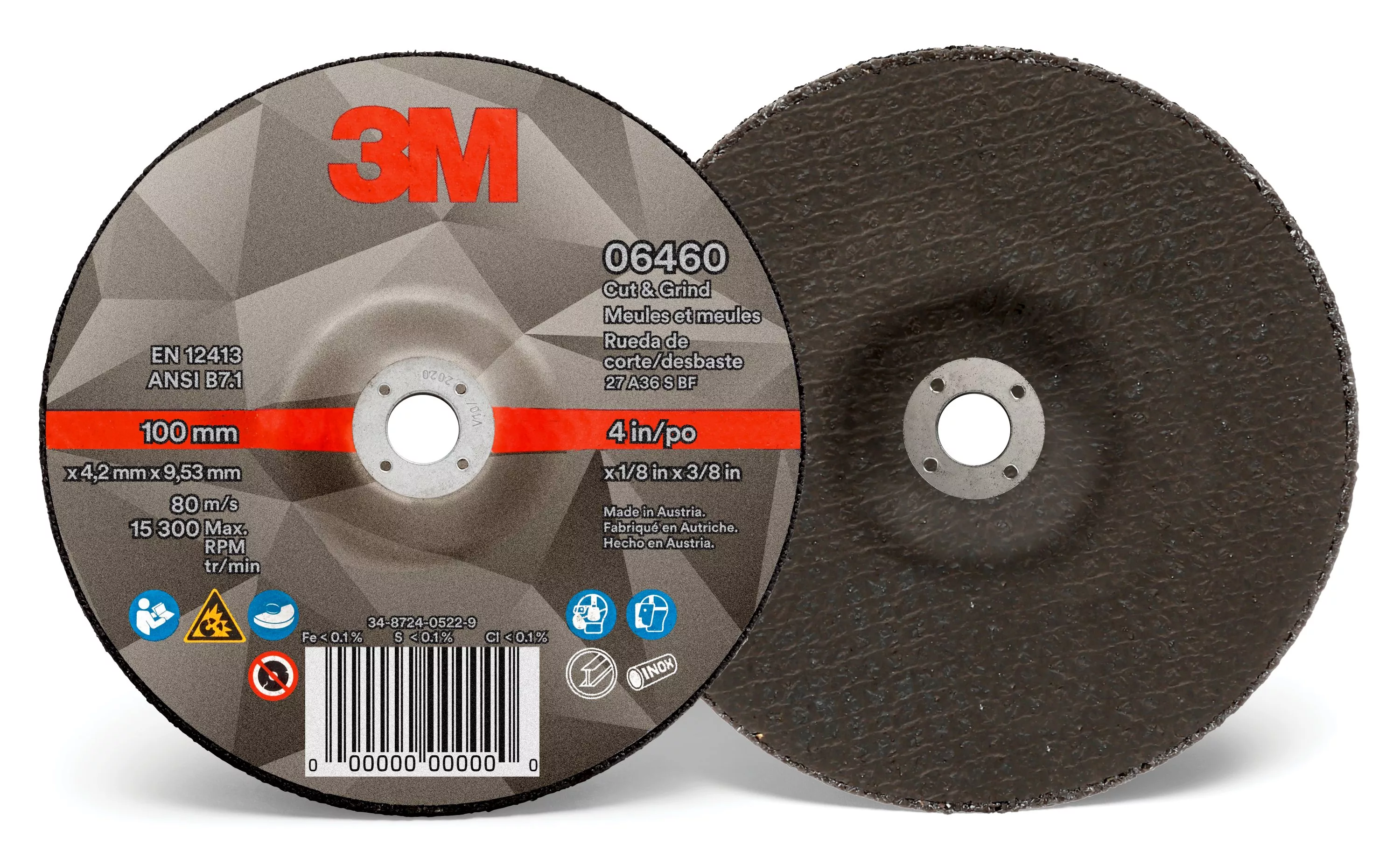 3M™ Cut & Grind Wheel, 06460, Type 27, 4 in x 1/8 in x 3/8 in, 10/Pac,
20 ea/Case
