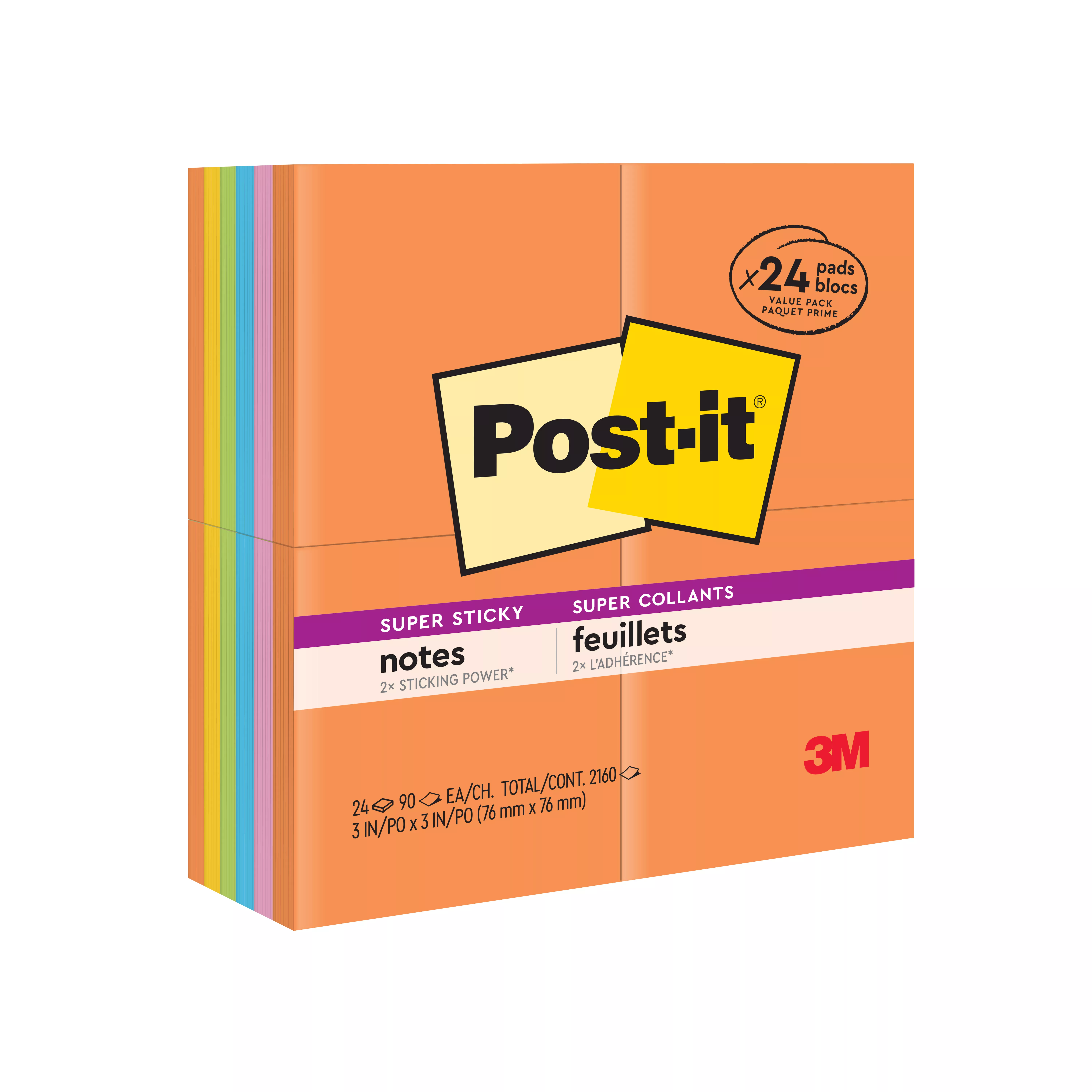 Post-it® Super Sticky Notes 654-24SSAU, 3 in x 3 in (76 mm x 76 mm), Energy Boost Collection