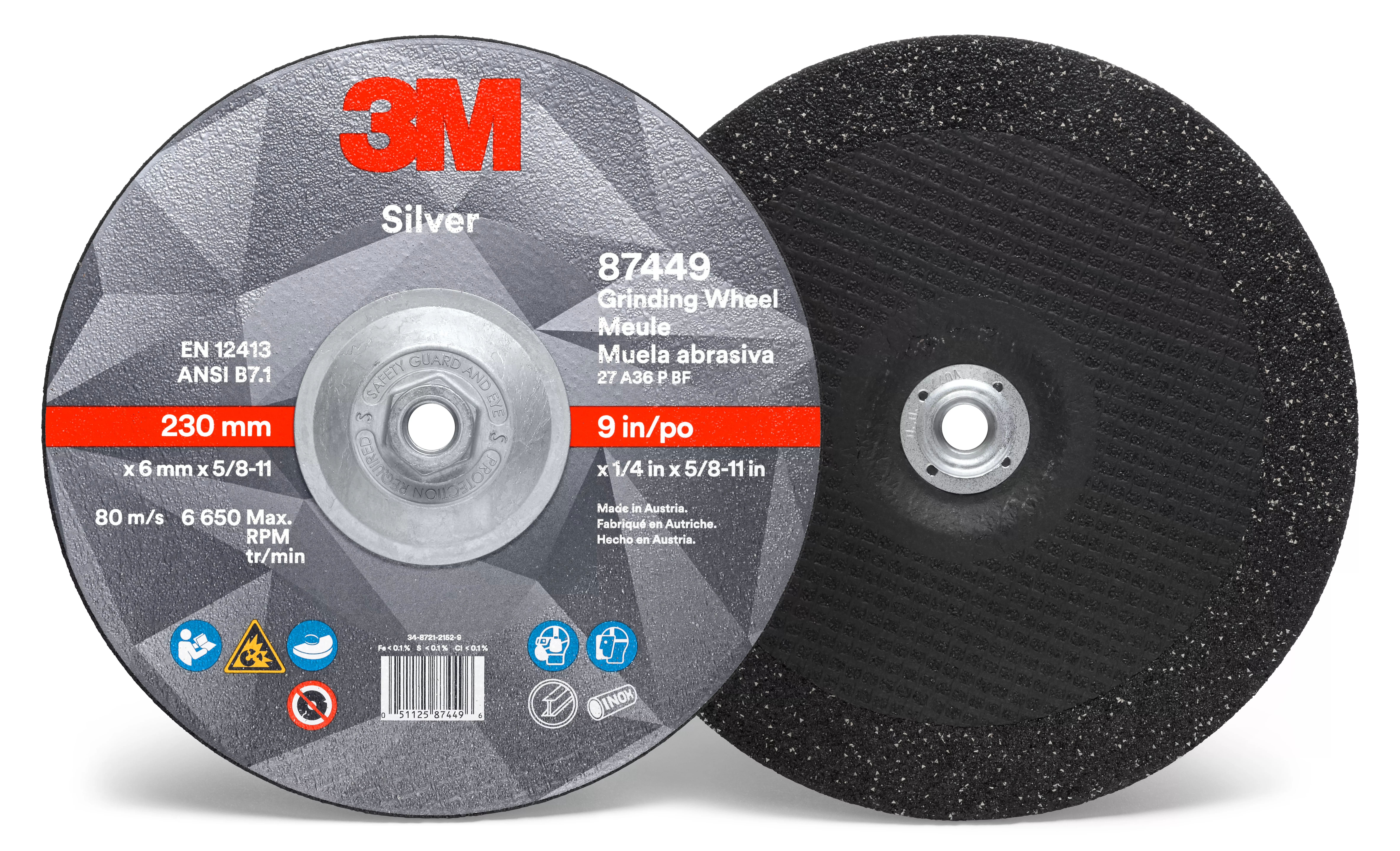 3M™ Silver Depressed Center Grinding Wheel, 87449, T27 Quick Change, 9
in x 1/4 in x 5/8 in-11, 10/Carton, 20 ea/Case