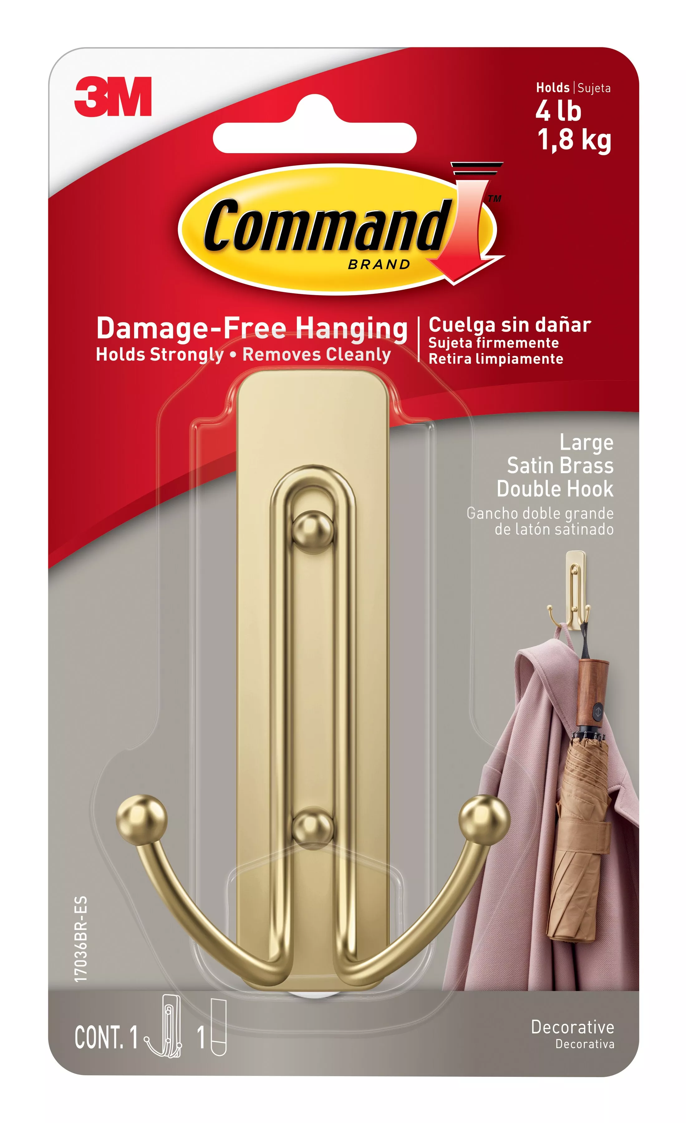 Command™ Large Satin Brass Double Hook 17036BR-ES, 1 Hook, 1 Strip