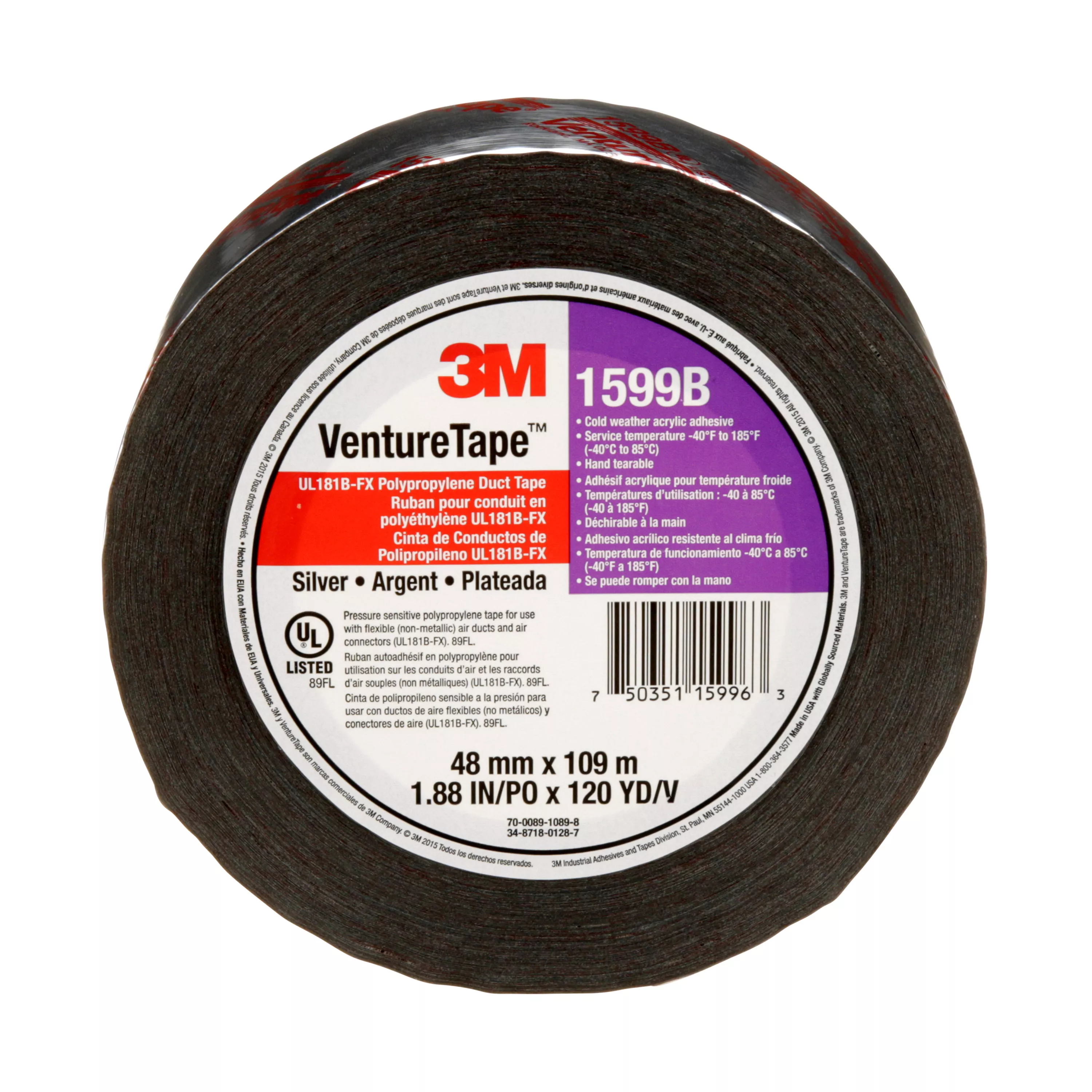 3M™ Venture Tape™ UL181B-FX Polypropylene Duct Tape 1599B, Silver, 48 mm
x 109.7 m, 3 mil, 24 Rolls/Case