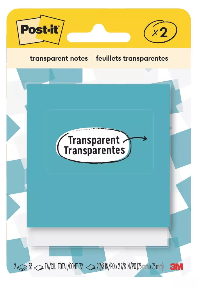 Post-it® Transparent Notes 600-2TRCOL, 2-7/8 in x 2-7/8 in (73 mm x 73 mm)