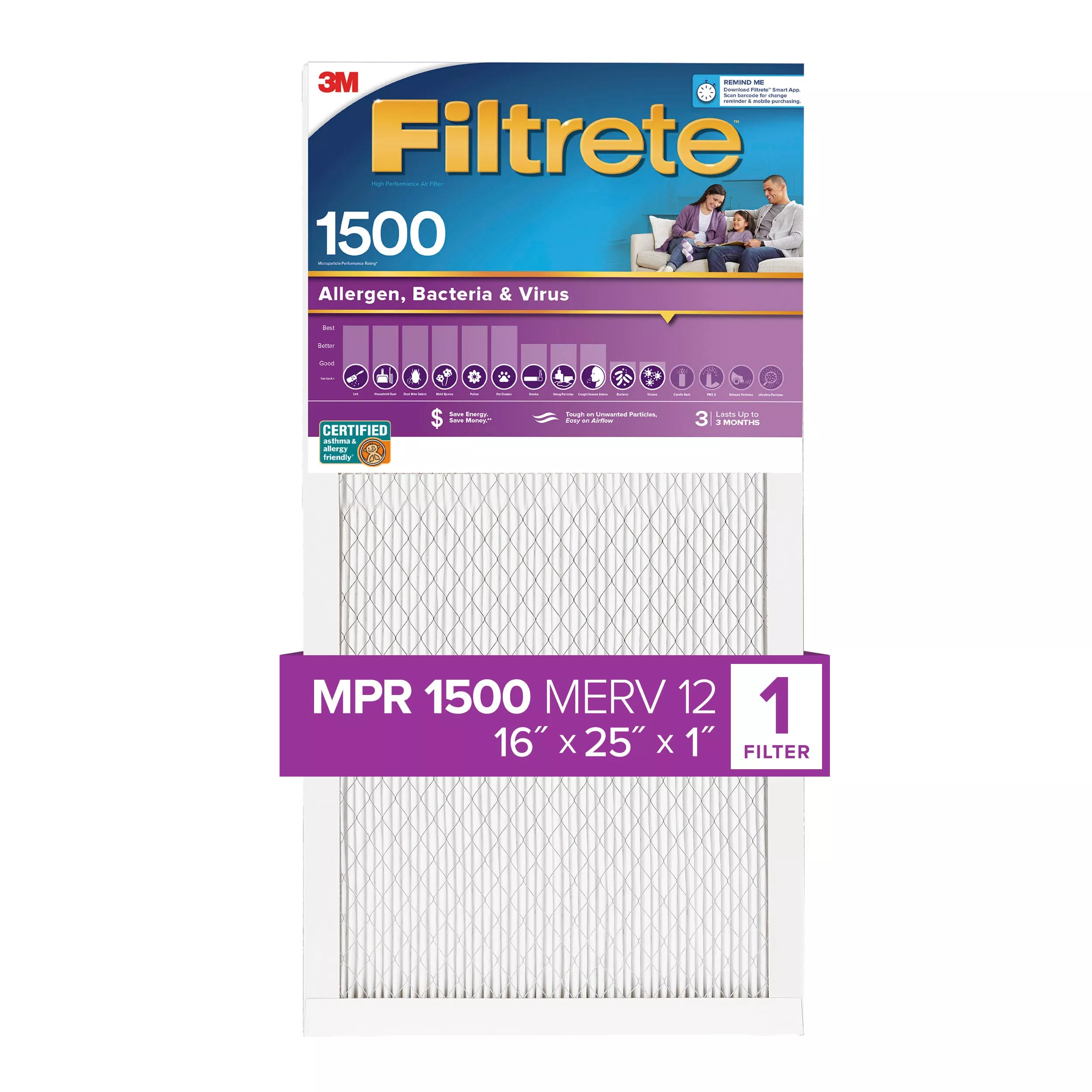 Filtrete™ High Performance Air Filter 1500 MPR, 2001-4, 16 in x 25 in x 1 in (40.6 cm x 63.5 cm x 2.5 cm)