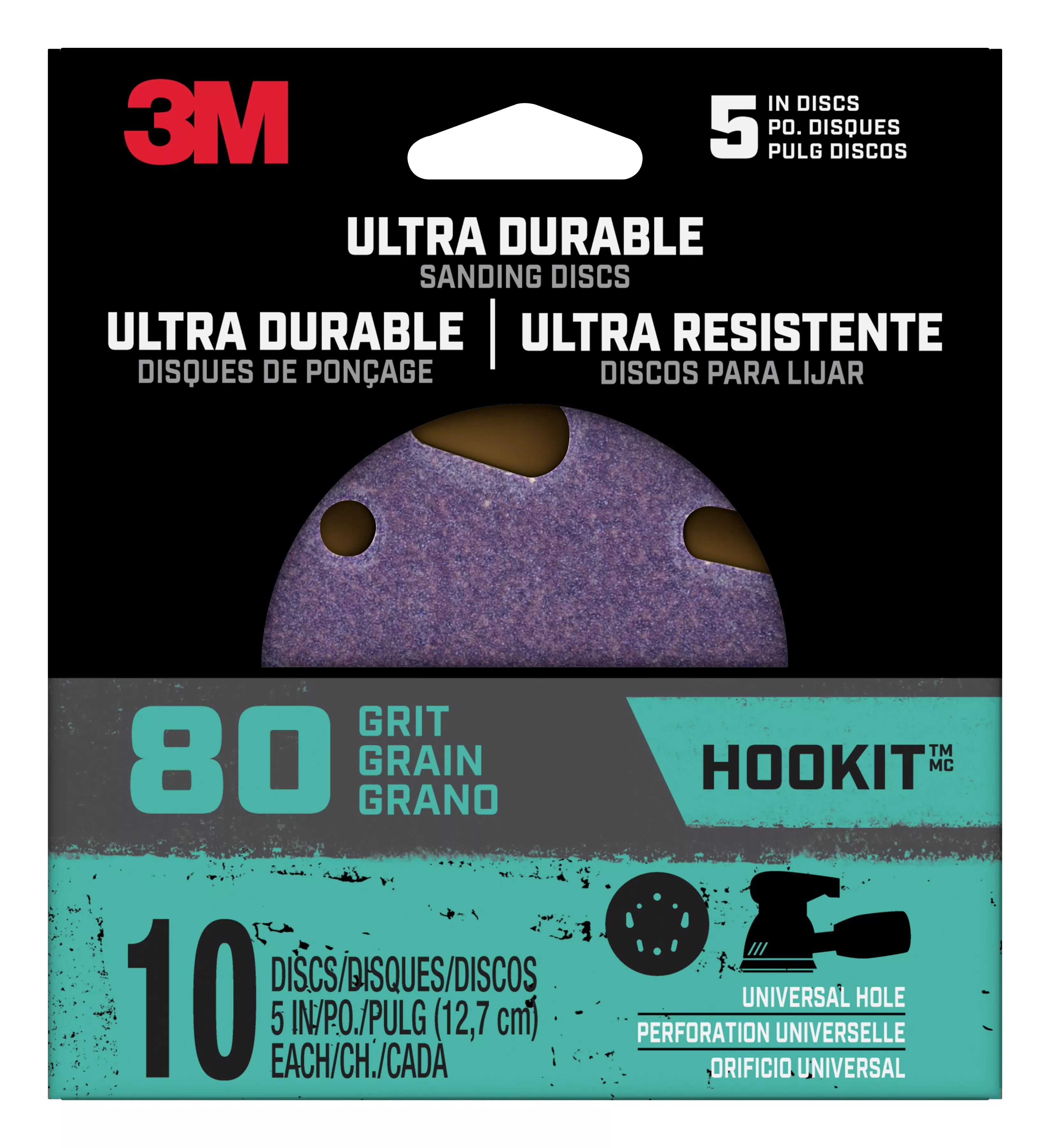 3M™ Ultra Durable 5 inch Power Sanding Discs, Universal Hole, 80 grit,
Disc5in10pk80, 10/pk, 12pks/cs