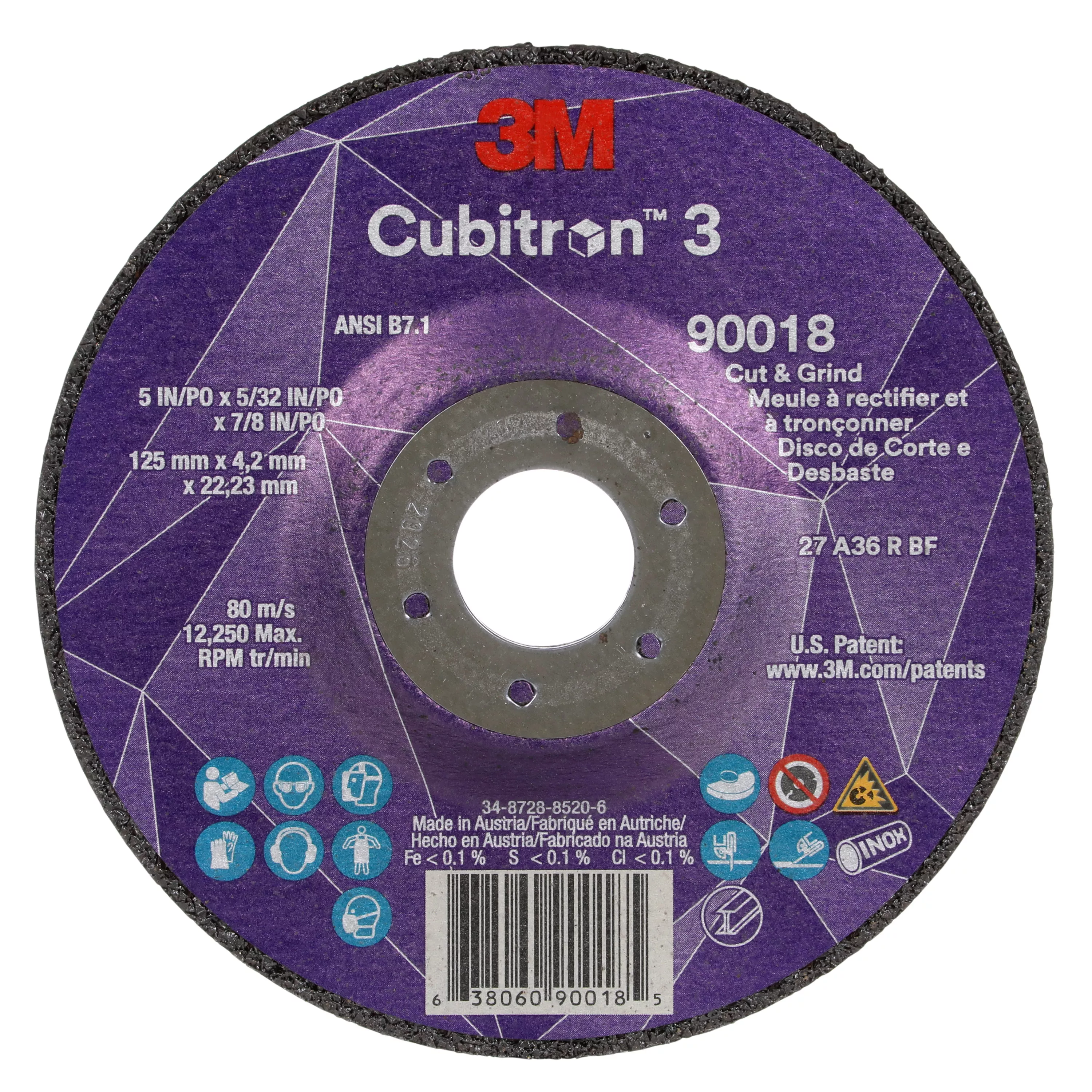 3M™ Cubitron™ 3 Cut and Grind Wheel, 90018, 36+, T27, 5 in x 5/32 in
x7/8 in (125 x 4.2 x 22.23 mm), ANSI, 10/Pack, 20 ea/Case