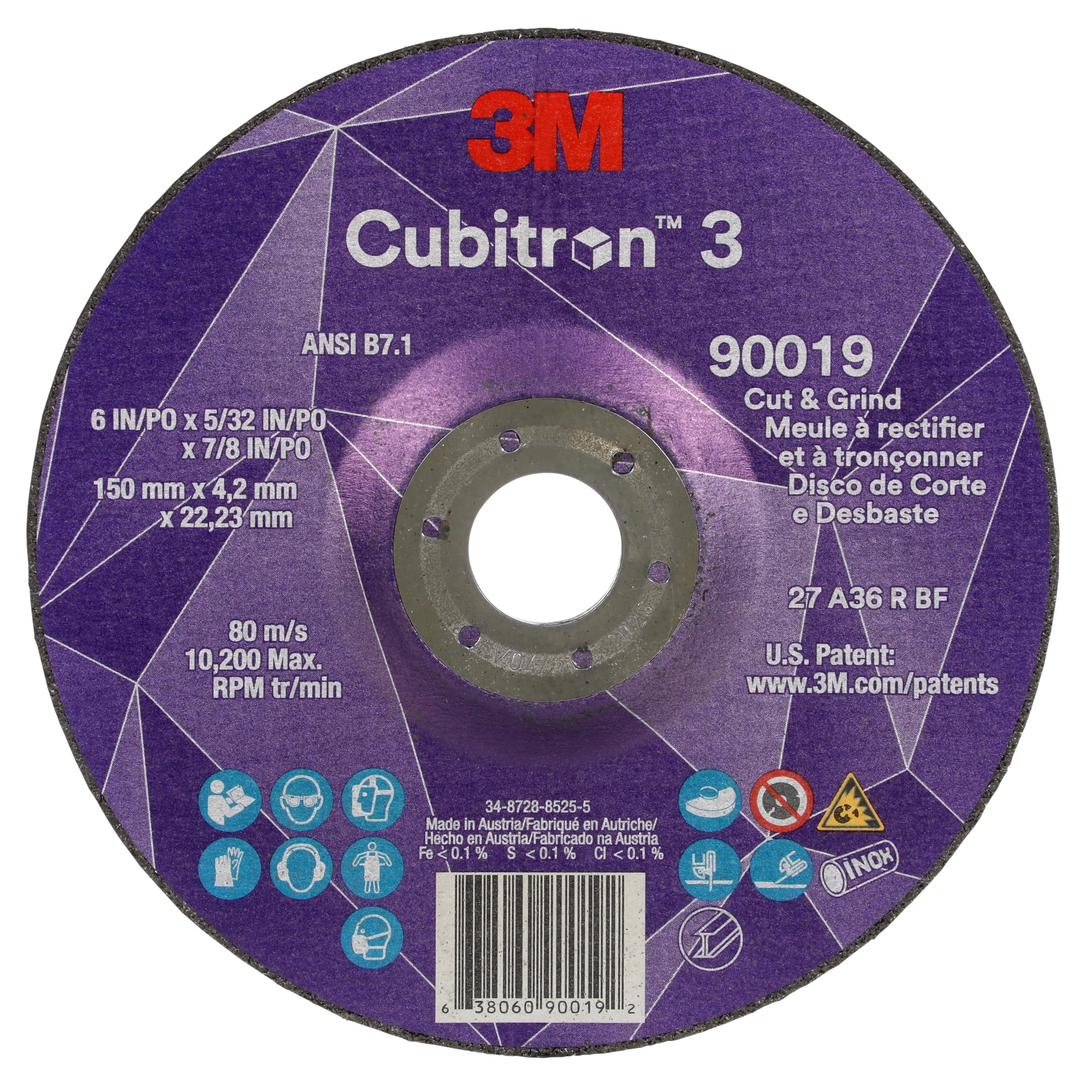 3M™ Cubitron™ 3 Cut and Grind Wheel, 90019, 36+, T27, 6 in x 5/32 in x
7/8 in (150 x 4.2 x 22.23 mm), ANSI, 10/Pack, 20 ea/Case