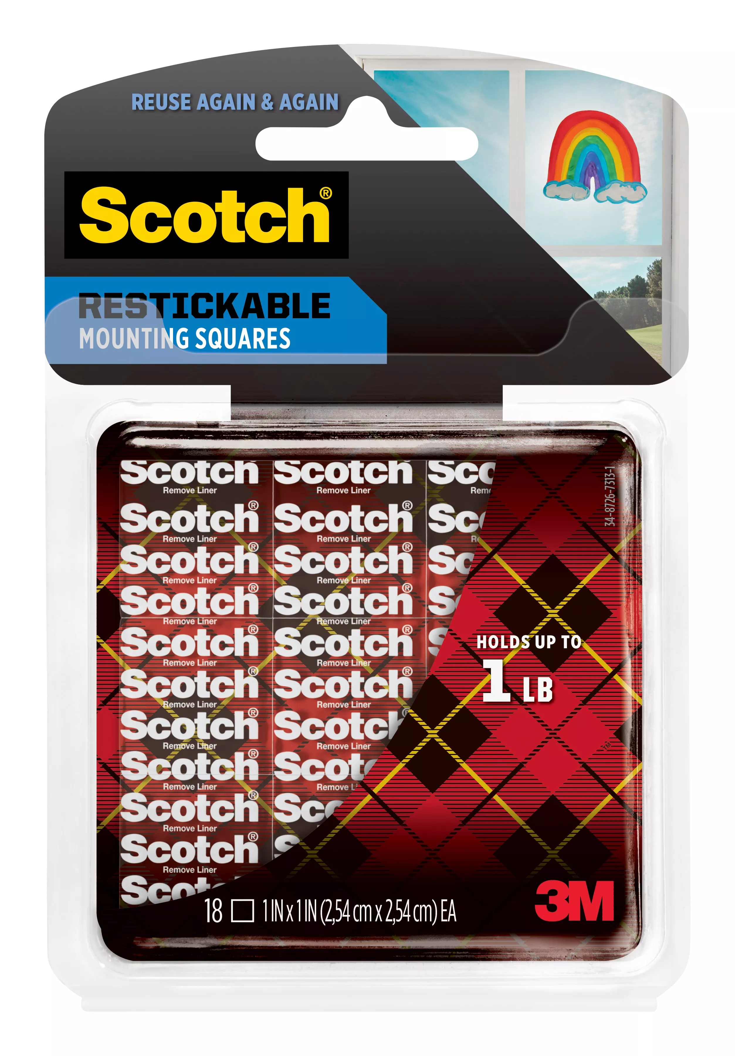 Scotch® Restickable Mounting Squares R100S, 1 in x 1 in (2.54 cm x 2.54 cm) 18/pk