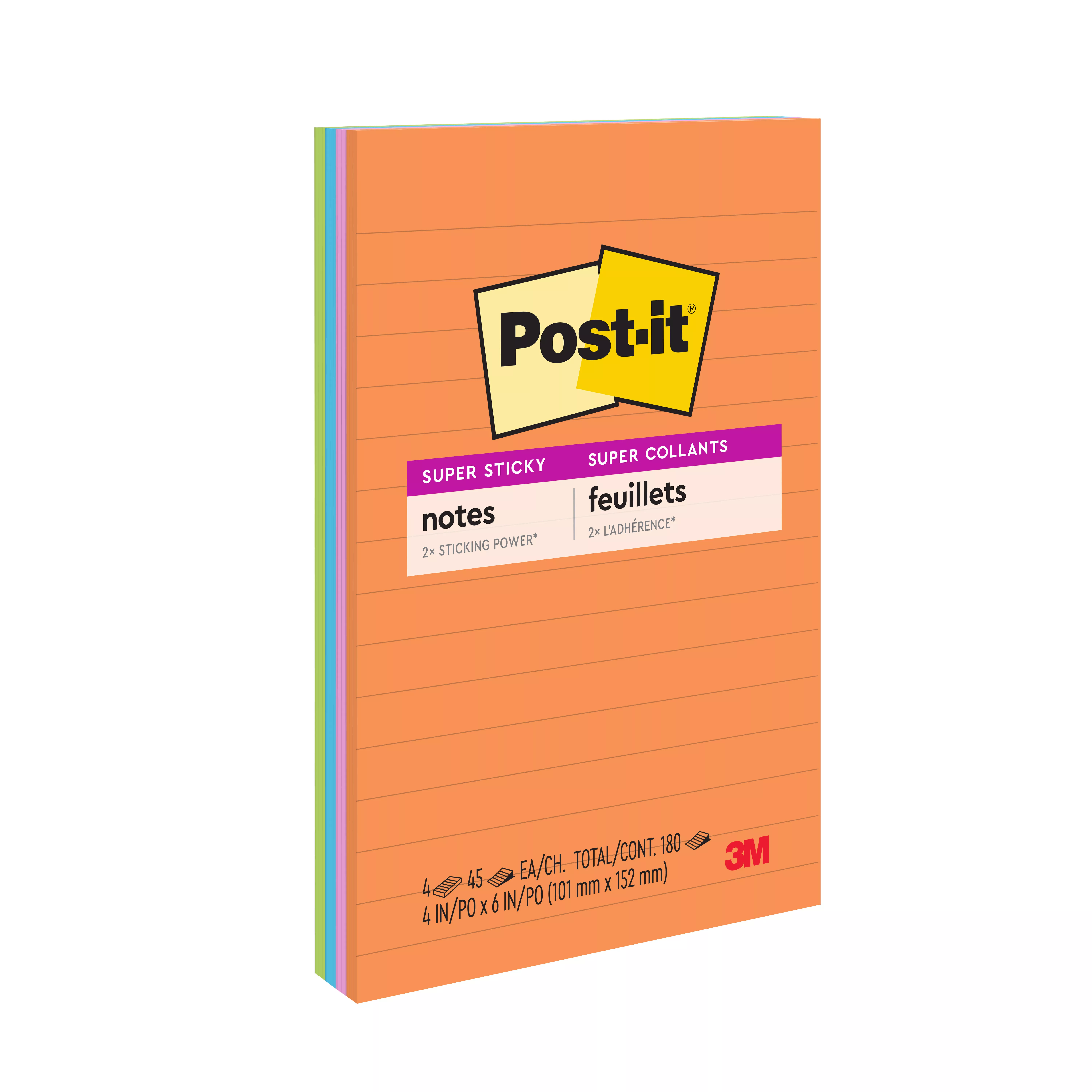 Post-it® Super Sticky Notes 4621-SSAU, 4 in x 6 in (101 mm x 152 mm) Energy Boost, Lined, 4 Pads/Pack