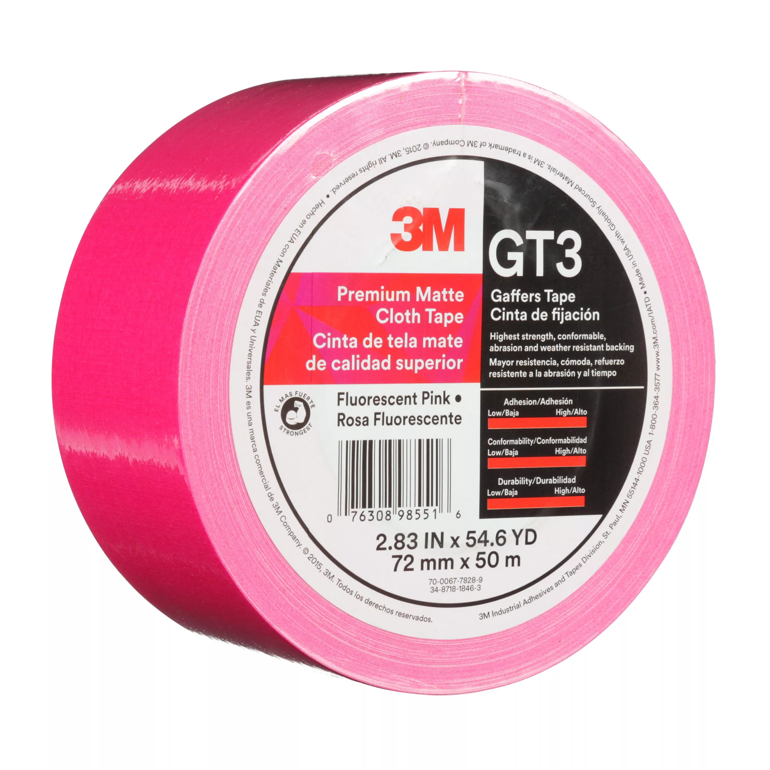 3M™ Premium Matte Cloth (Gaffers) Tape GT3, Fluorescent Pink, 72 mm x 50
m, 11 mil, 16/Case